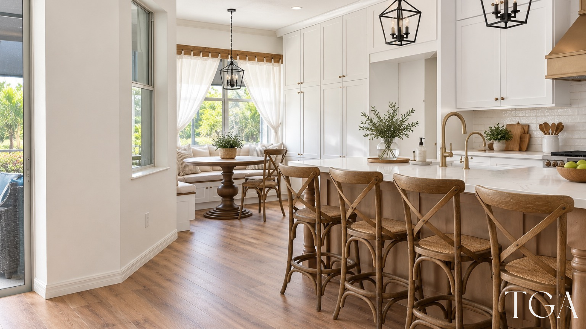 View past island seating toward a windowed breakfast nook with a round table and built-in bench.