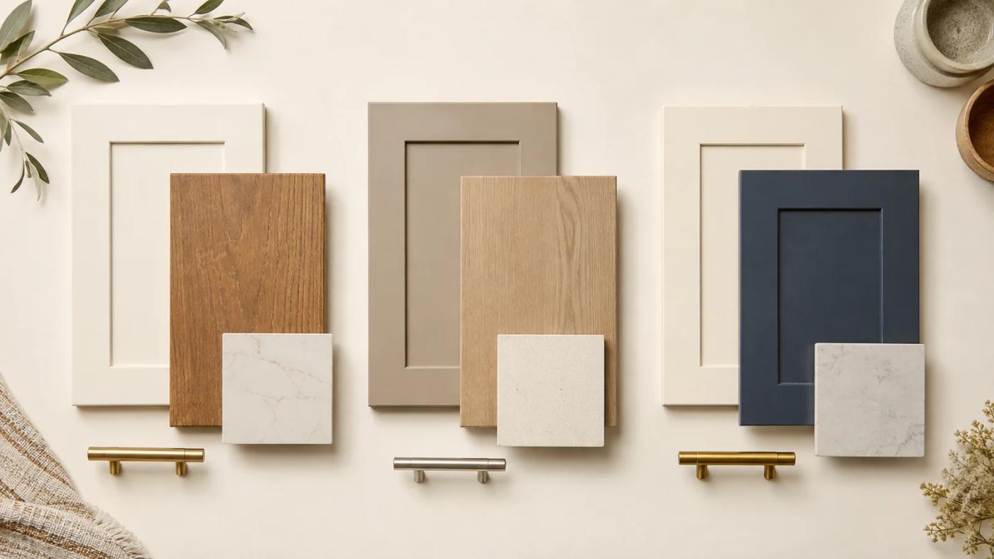 Three cabinet palette concepts: warm white and medium wood, soft taupe and light wood, and ivory and muted blue.