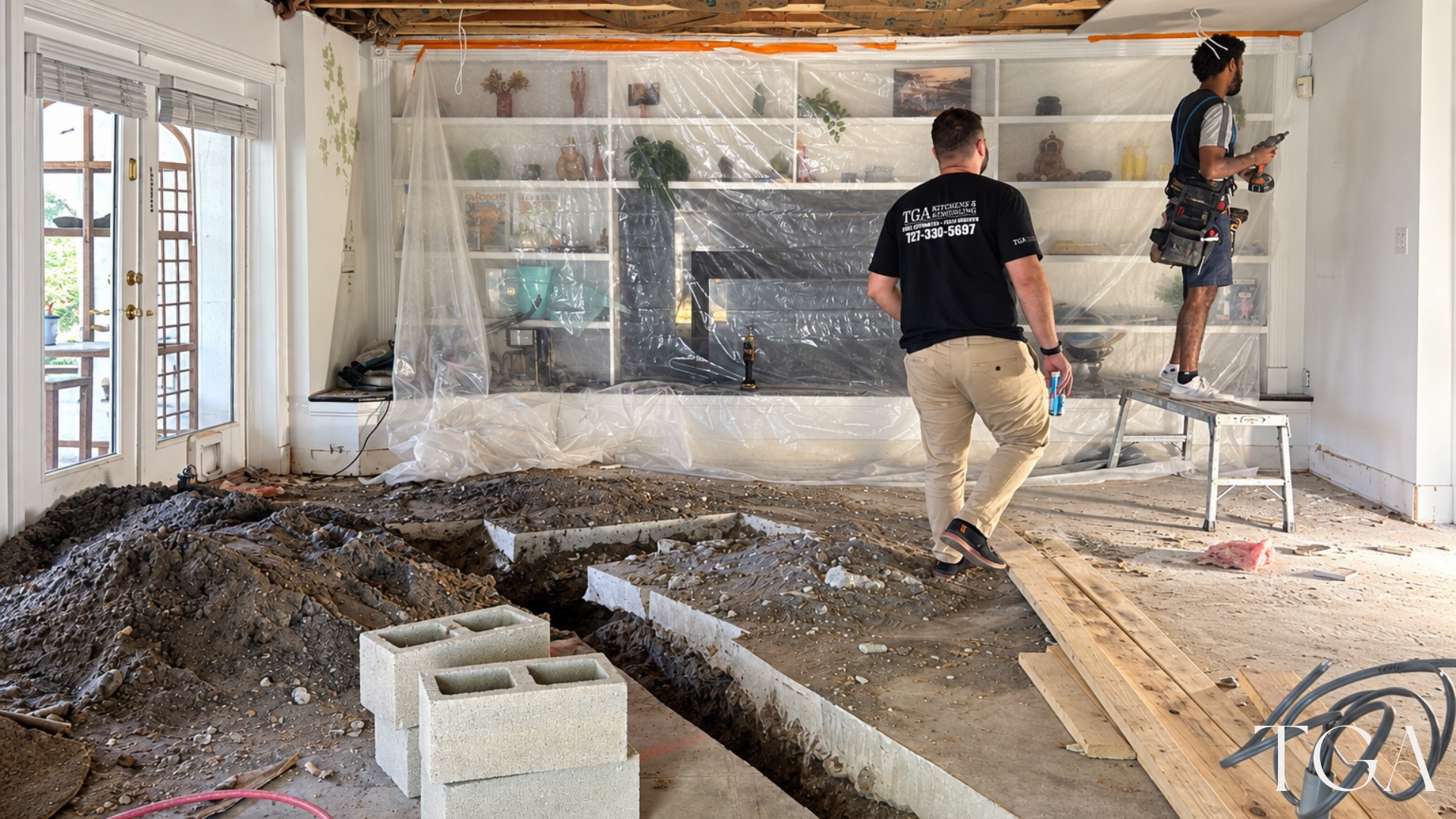 Kitchen during construction with open floor trenches, exposed overhead framing and workers preparing the room