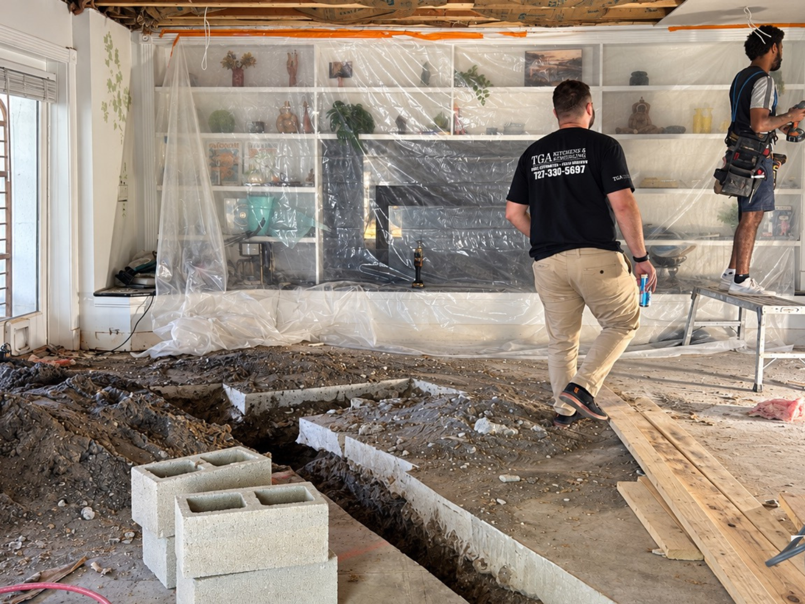 Kitchen during construction with open floor trenches, exposed overhead framing and workers preparing the room