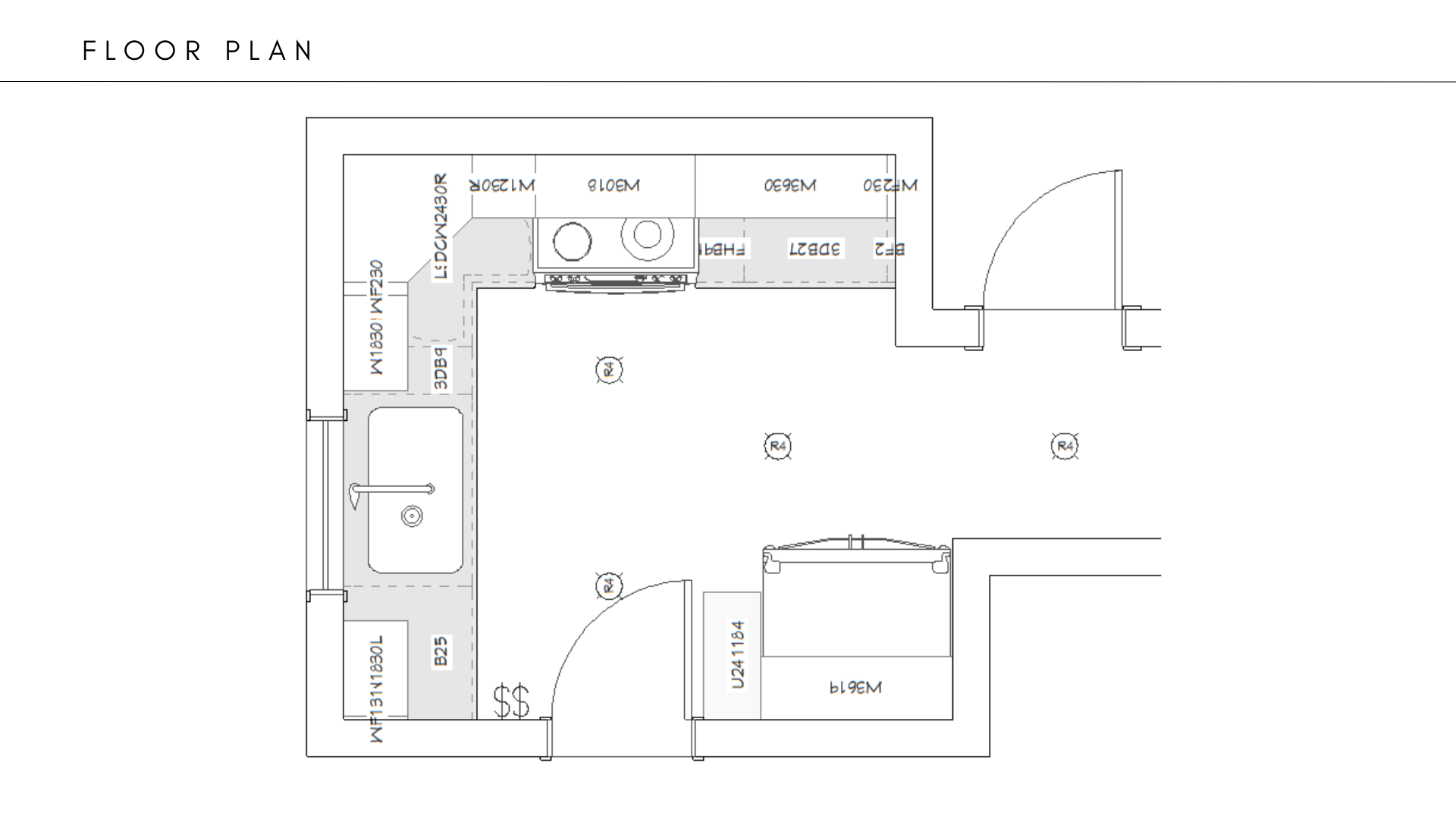 Floor plan for the two-tone kitchen remodel showing cabinetry, sink, cooking area and doorways