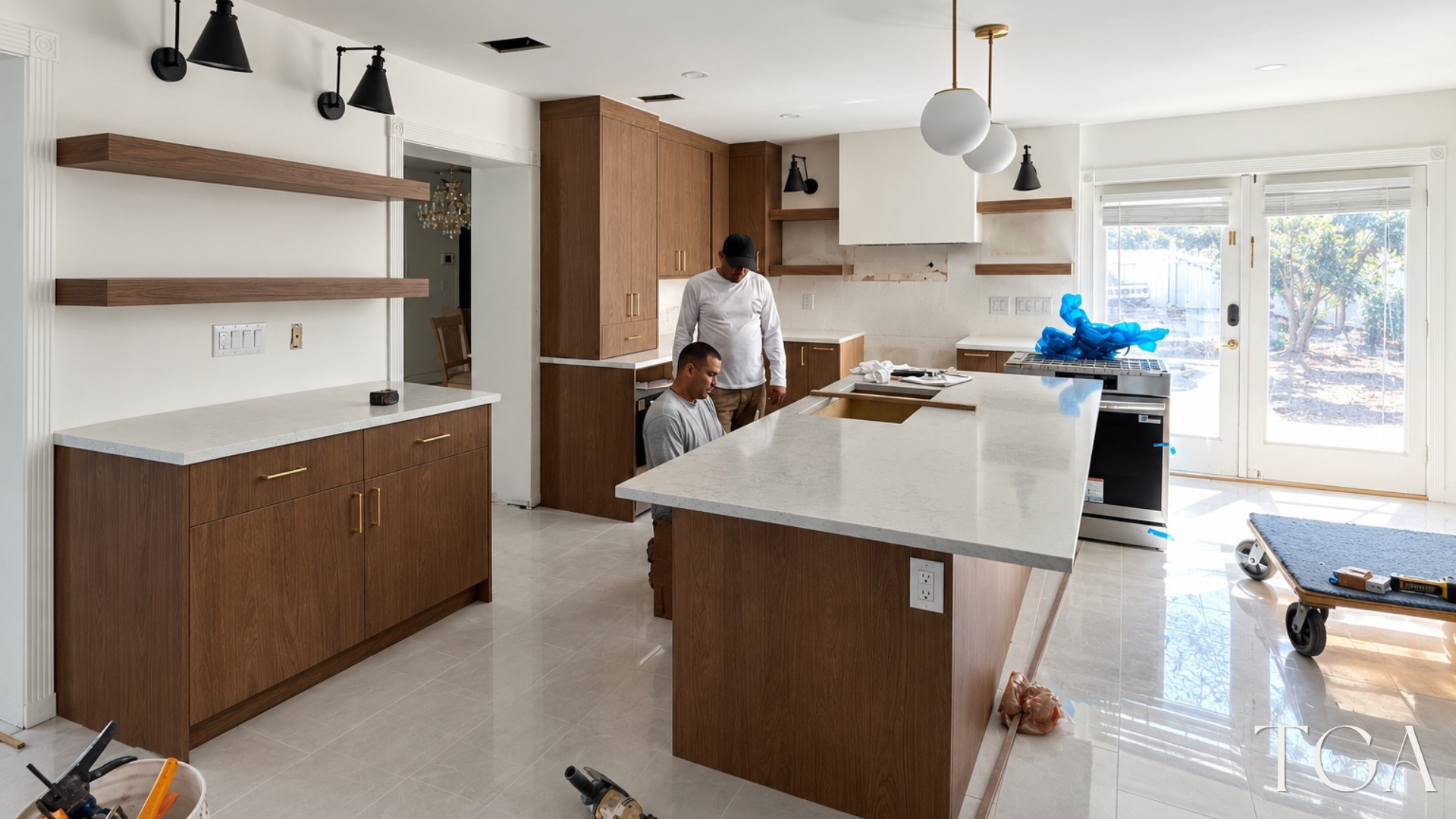 Kitchen installation in progress with walnut cabinetry, island counters and work materials still in the room