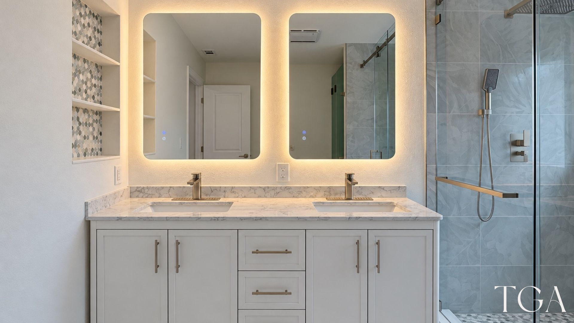 White double-sink bathroom vanity beneath two backlit mirrors beside a glass shower enclosure
