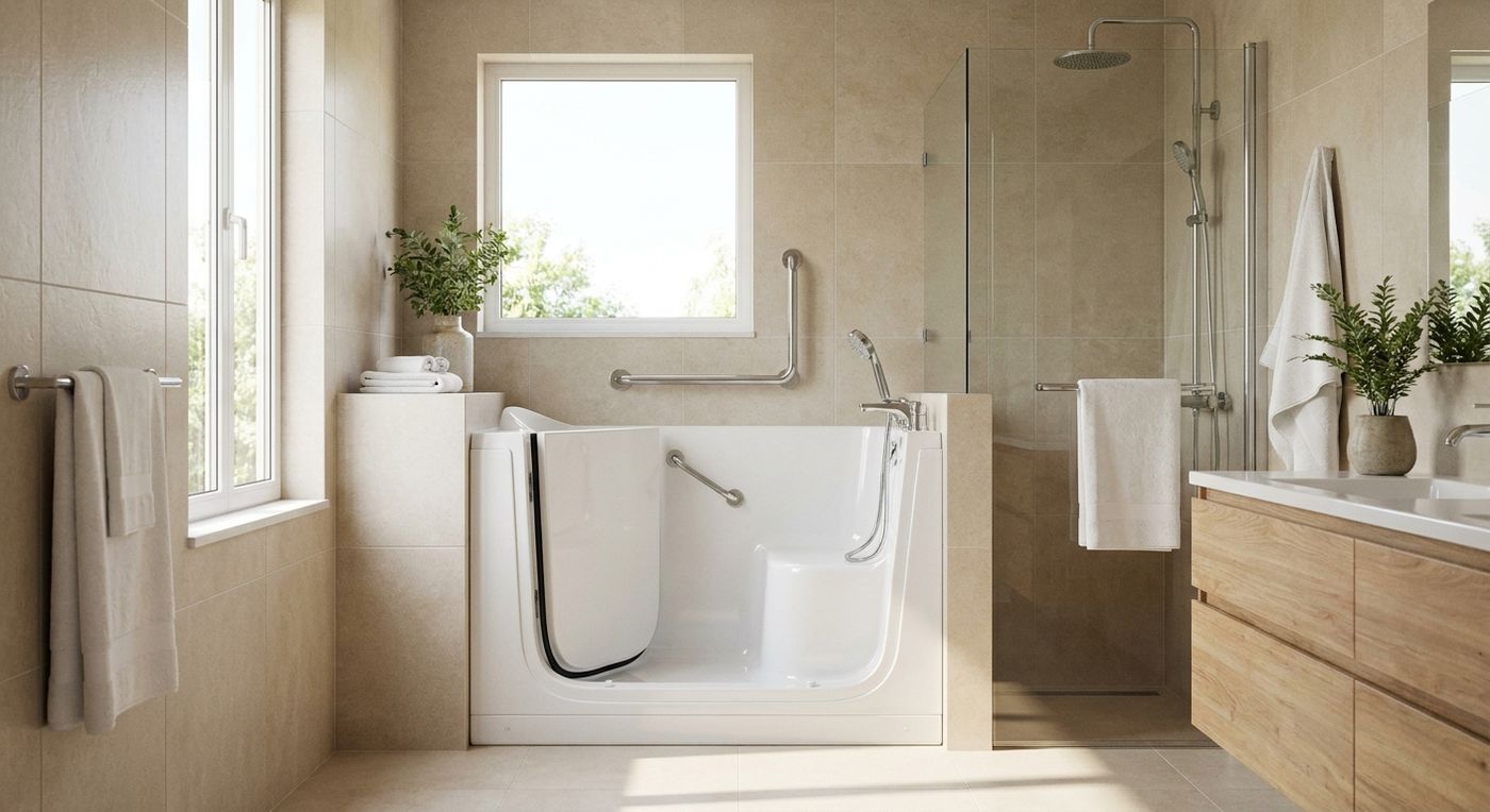 White walk-in tub with a sealed door, built-in seat, and grab bars in a warm Florida bathroom