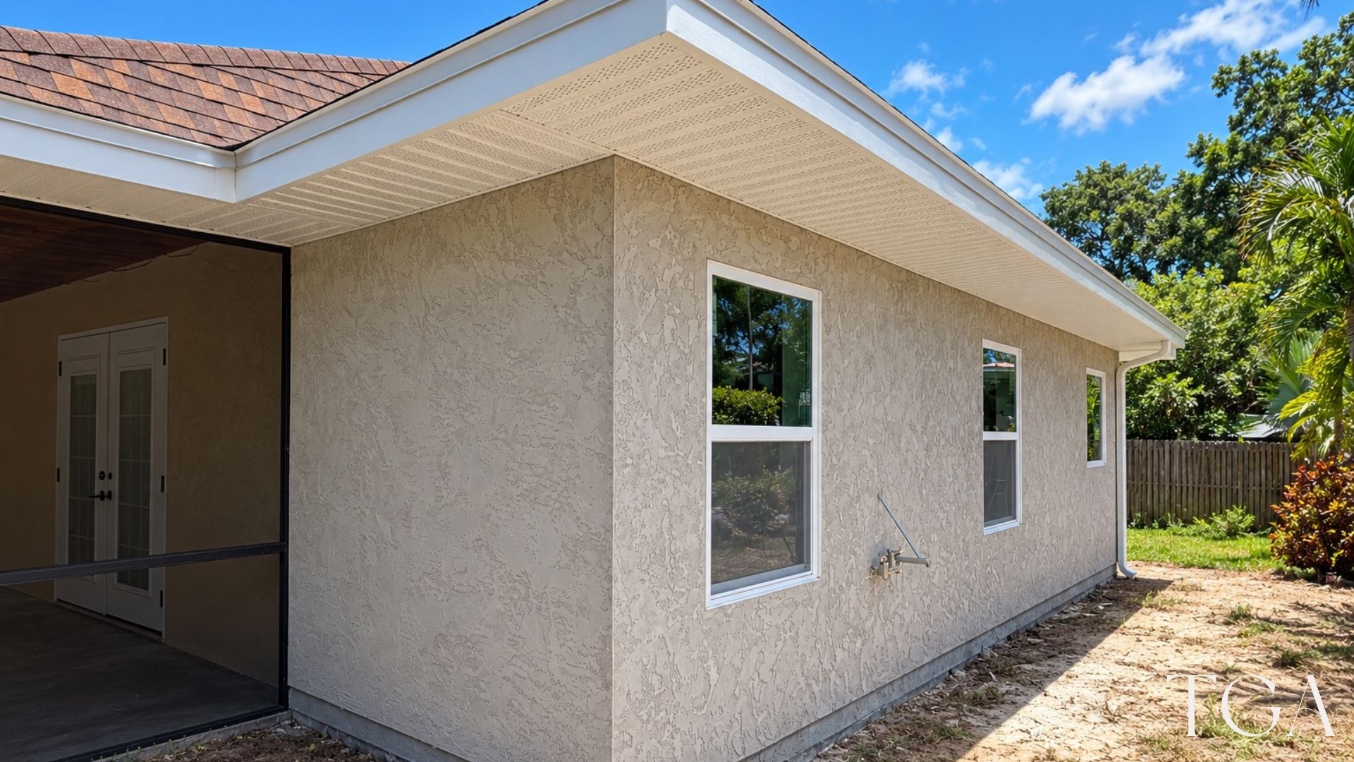 Completed home addition with a light stucco exterior, two windows and a roof connection to the existing home