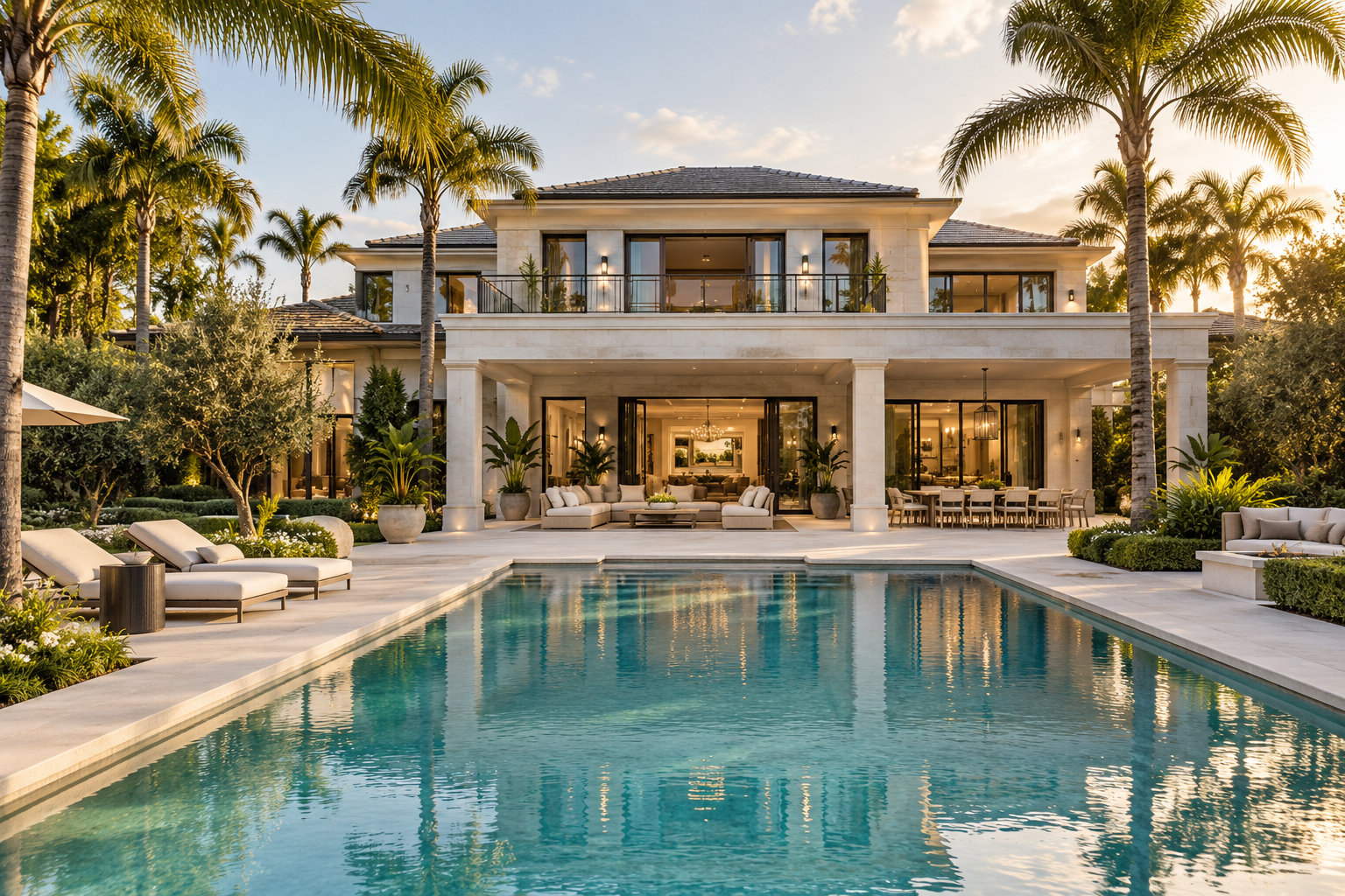 Pool terrace with covered outdoor living and dining areas