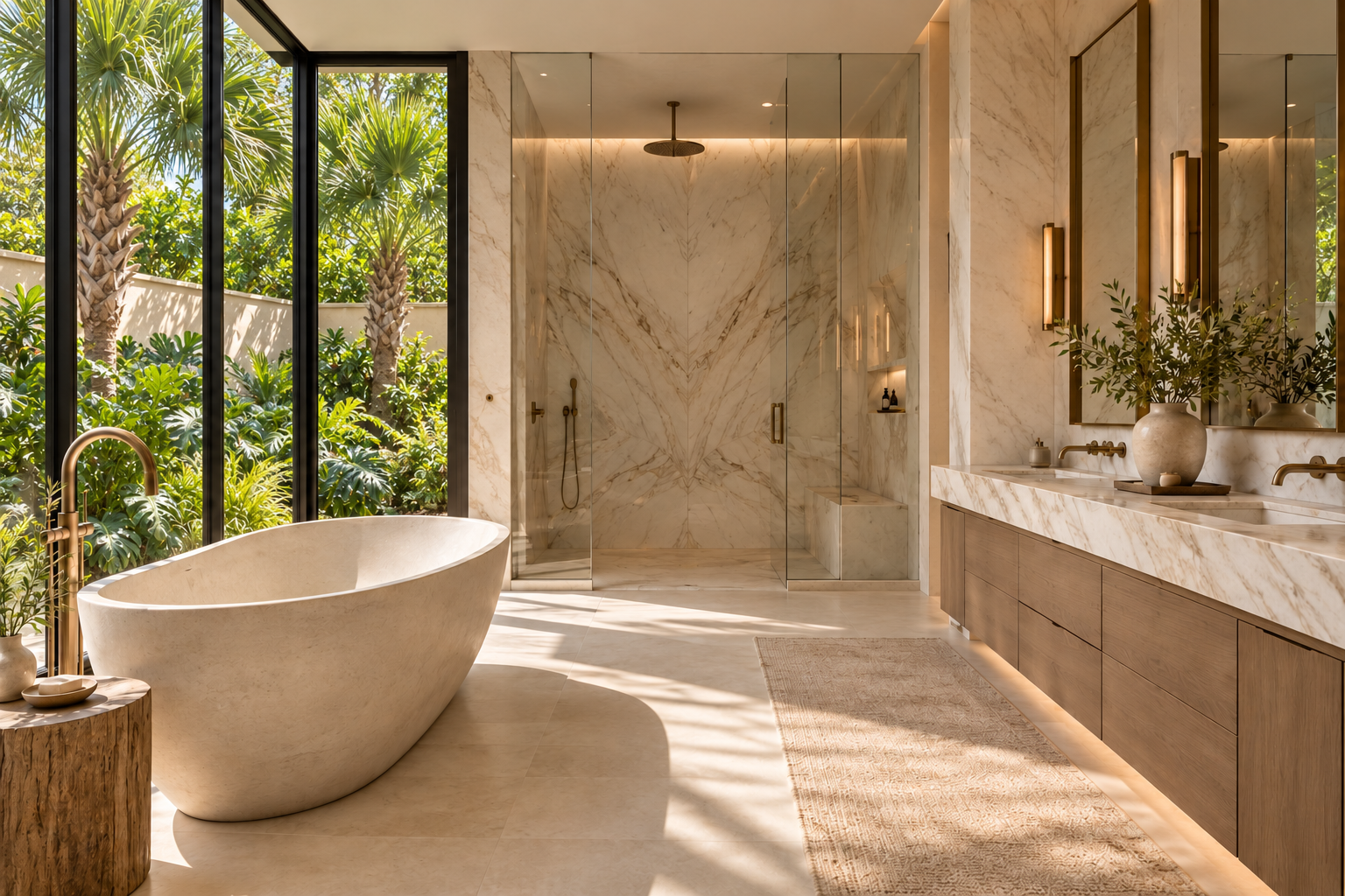 Marble bathroom with a freestanding tub and private palm garden