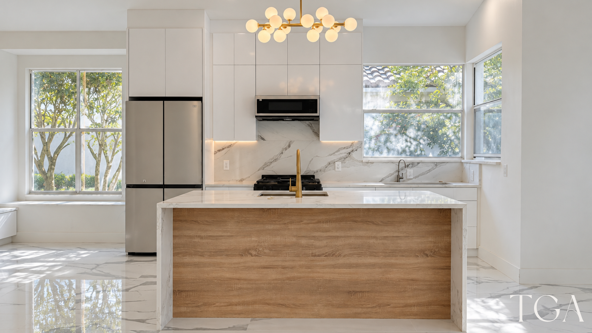 Custom white kitchen with a wood-tone waterfall island and gold globe lighting in a Sarasota whole-home remodel.