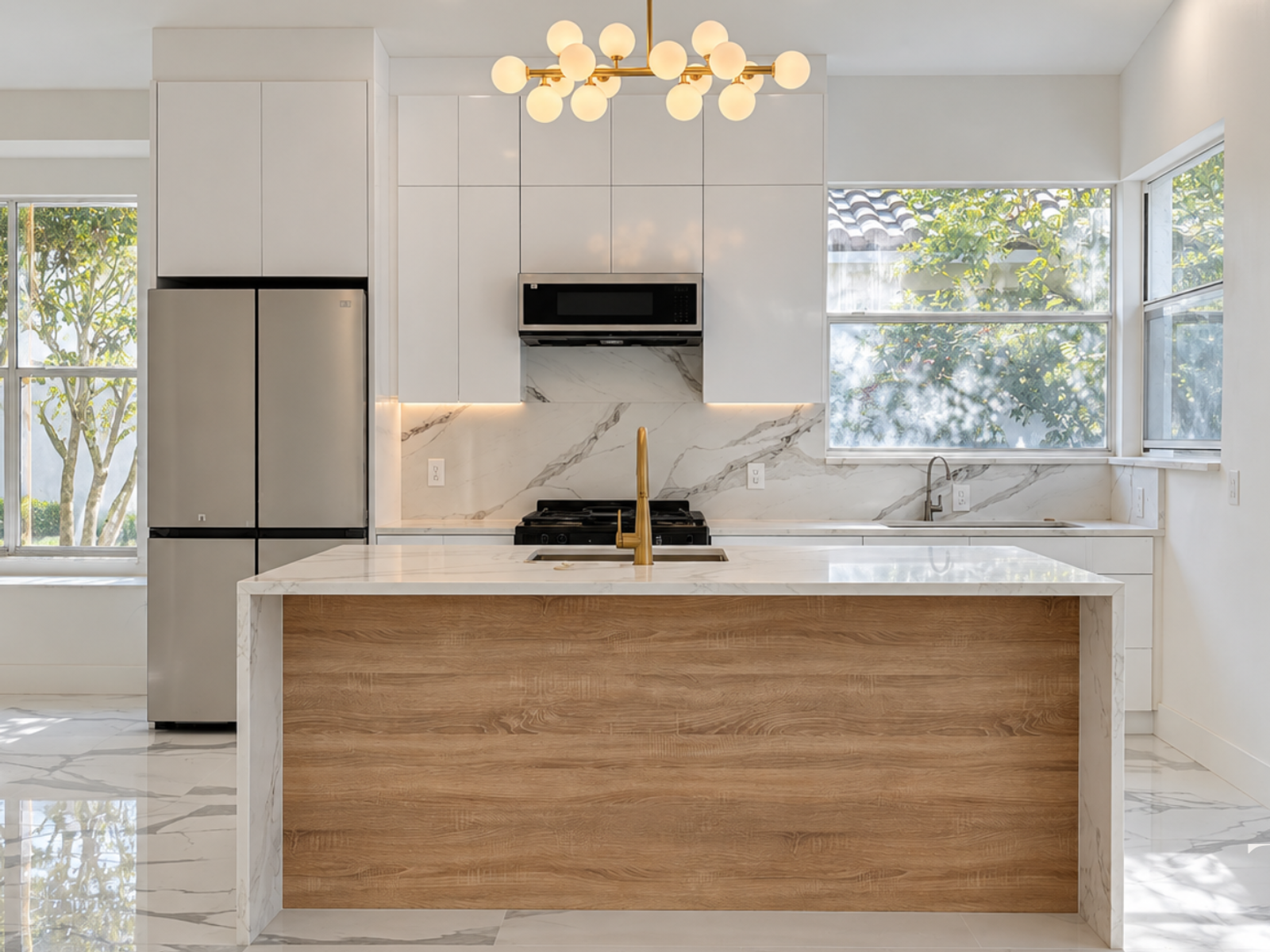 Custom white kitchen with a wood-tone waterfall island and gold globe lighting in a Sarasota whole-home remodel.