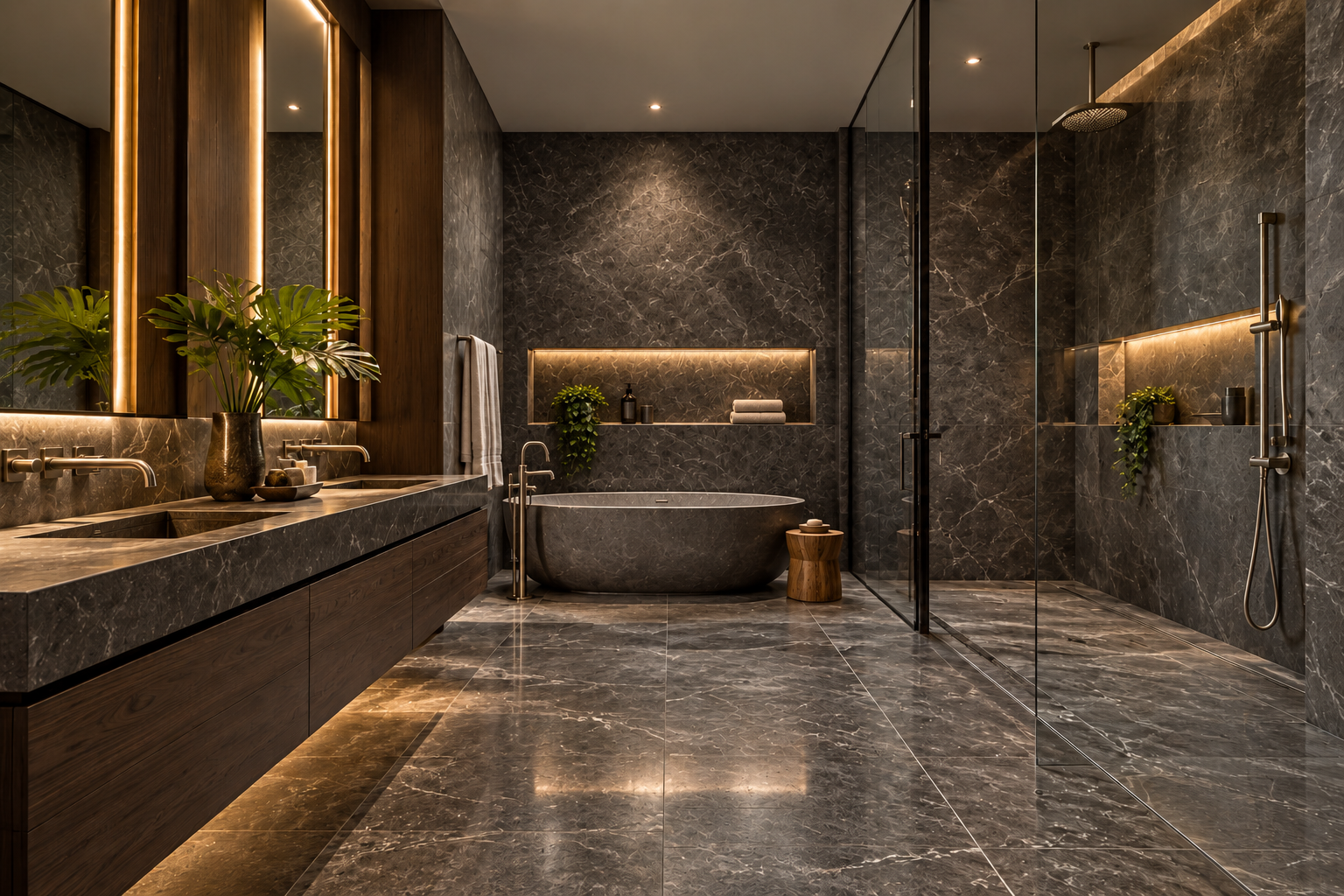 Charcoal stone bathroom with illuminated niches and a floating wood vanity
