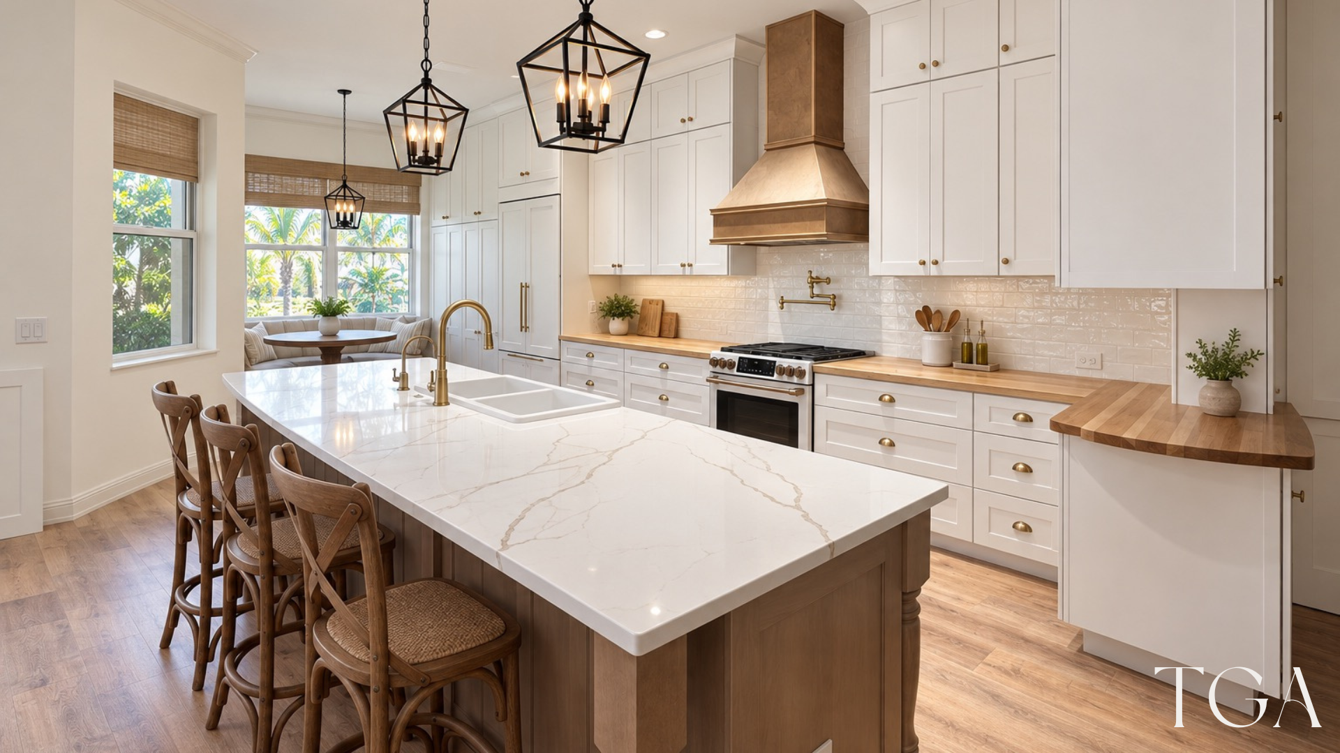Modern farmhouse kitchen in Sarasota with white Shaker cabinets, a wood-tone island and black lantern pendants.