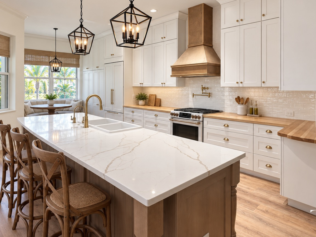 Modern farmhouse kitchen in Sarasota with white Shaker cabinets, a wood-tone island and black lantern pendants.