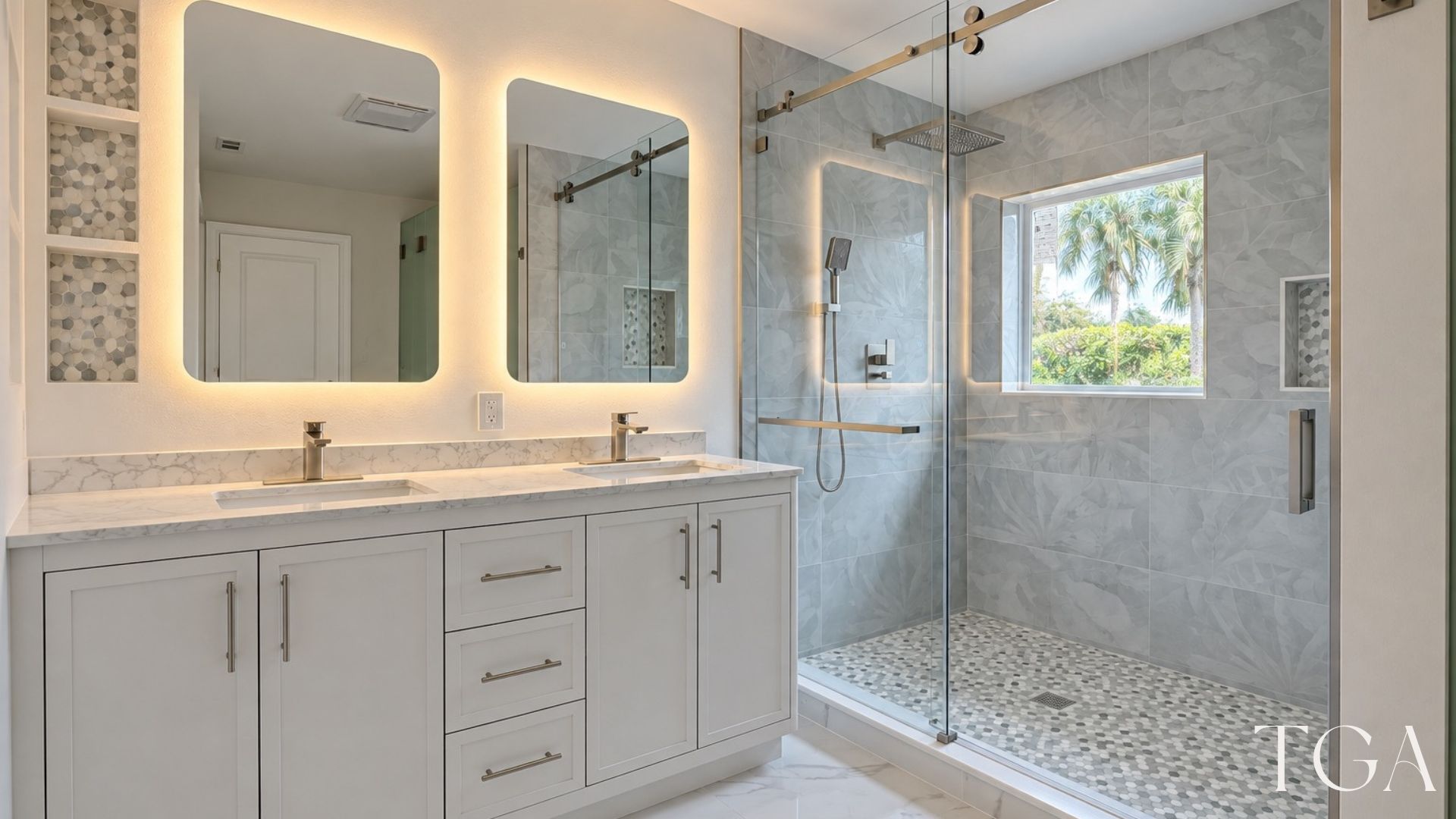 Master bathroom in the home addition with a double vanity, illuminated mirrors and glass-enclosed shower