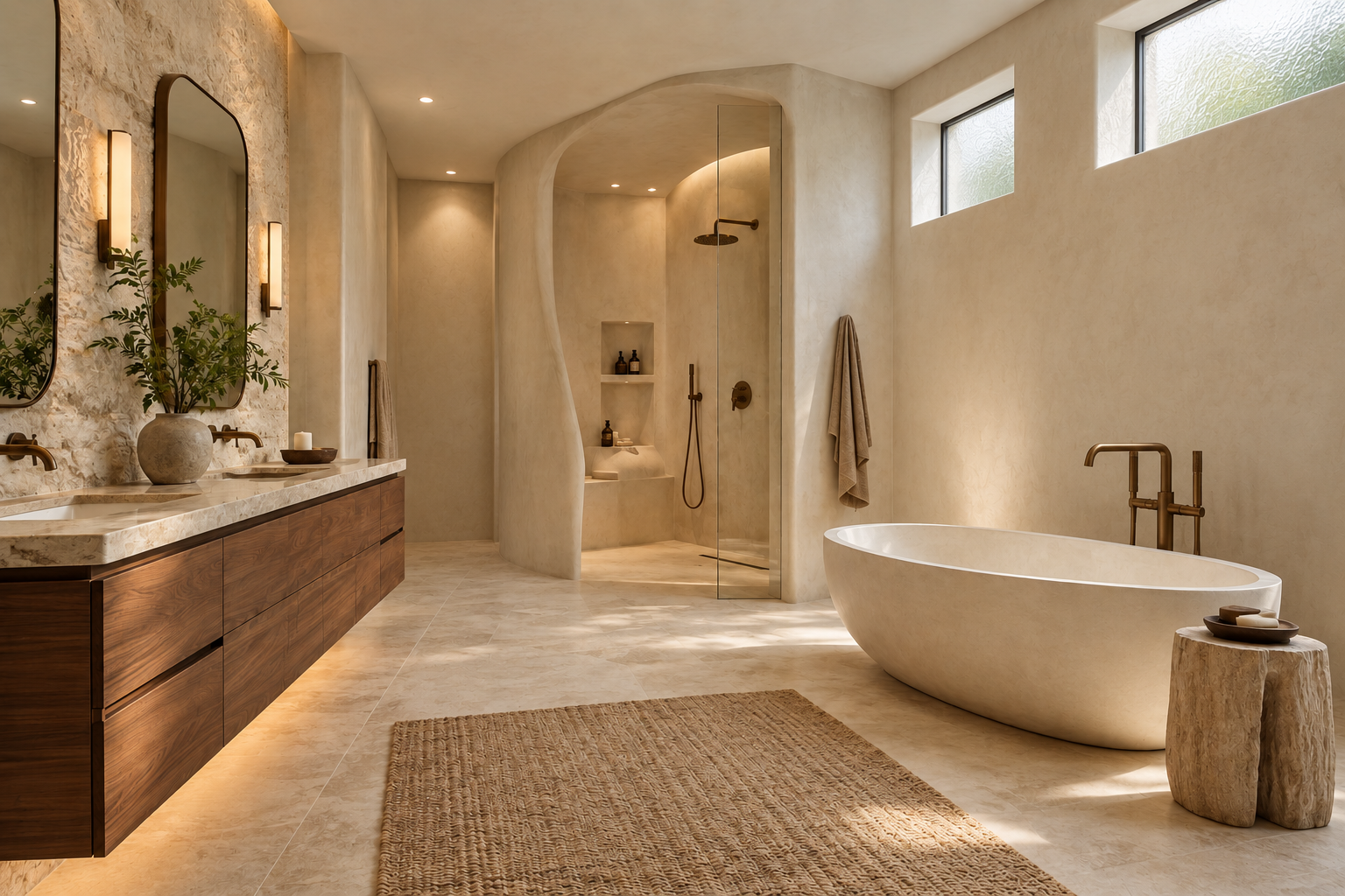 Walnut vanity and sculptural stone tub with small high privacy windows