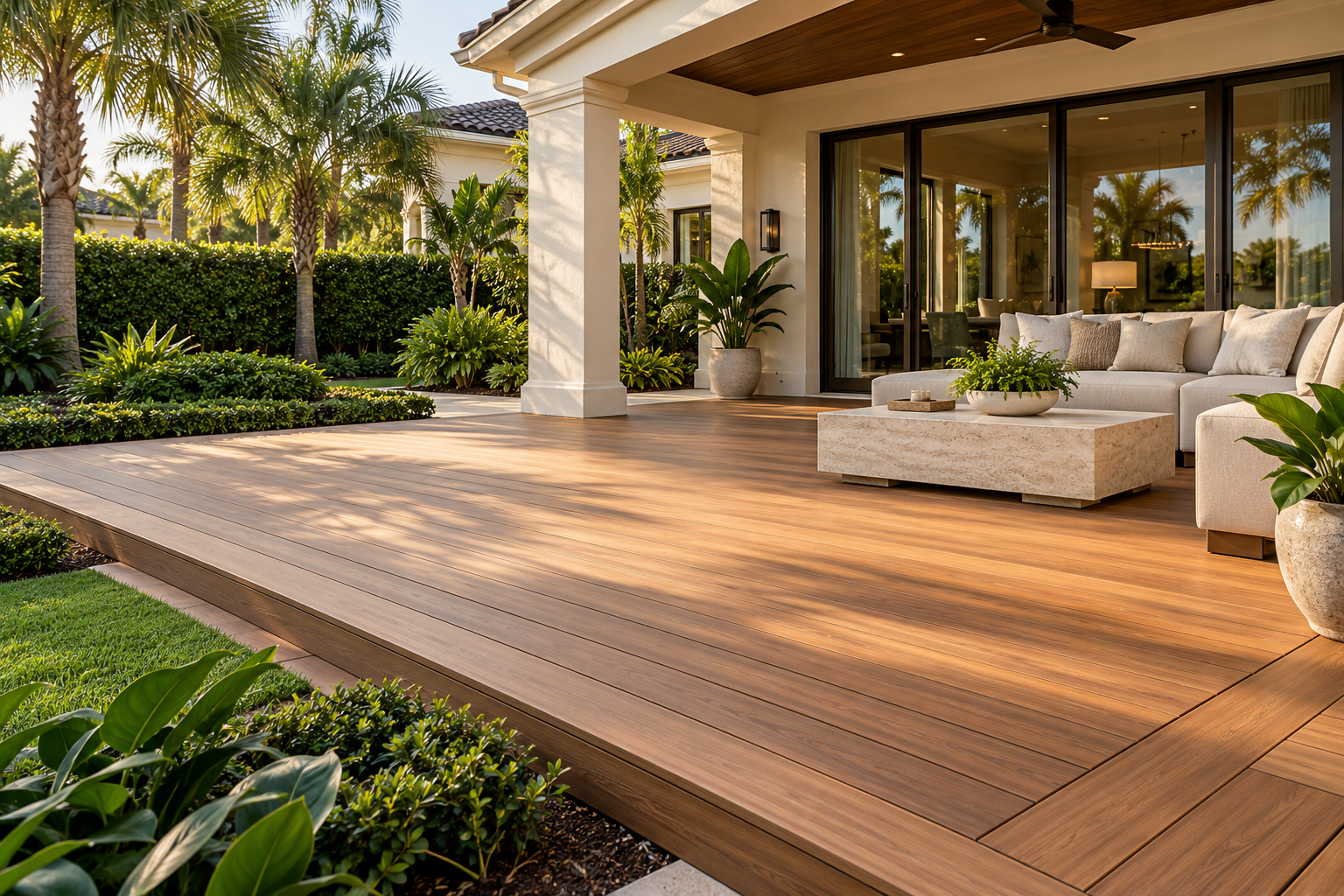 Wood-toned deck beside a covered veranda and private tropical garden