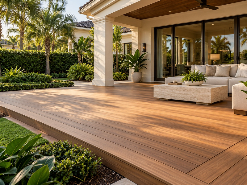 Wood-toned deck beside a covered veranda and private tropical garden