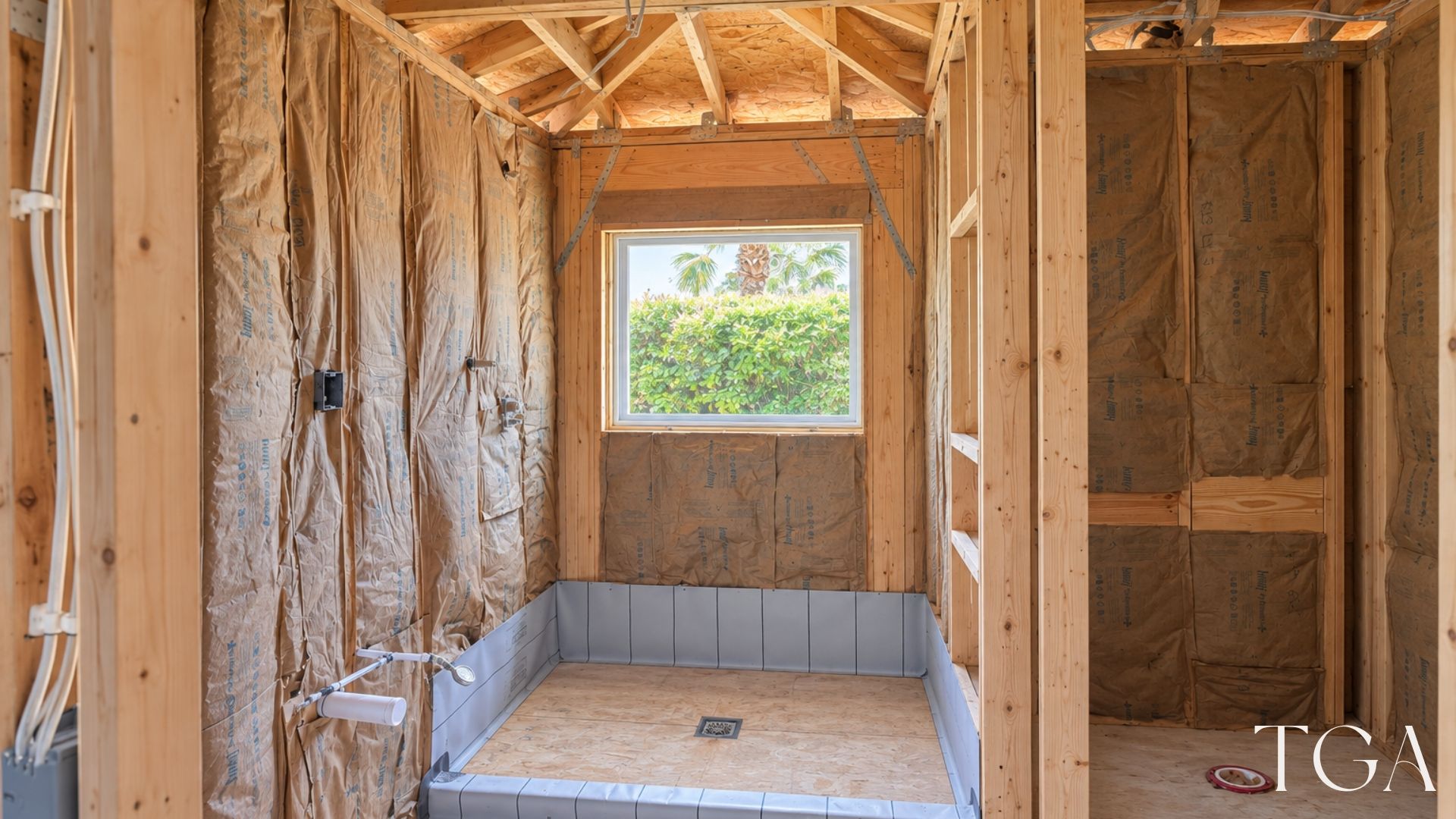 Bathroom addition during construction with exposed wall framing, a window and an unfinished shower base
