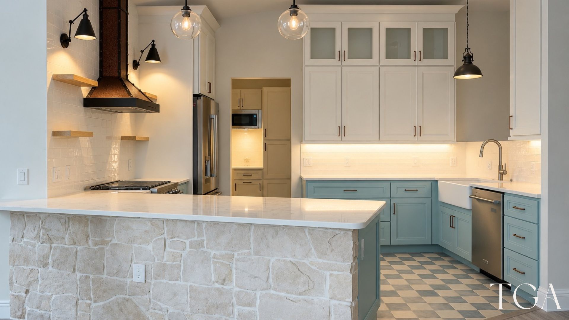 Bradenton kitchen with aqua lower cabinets, white upper cabinets, a copper-toned hood and a checkerboard floor