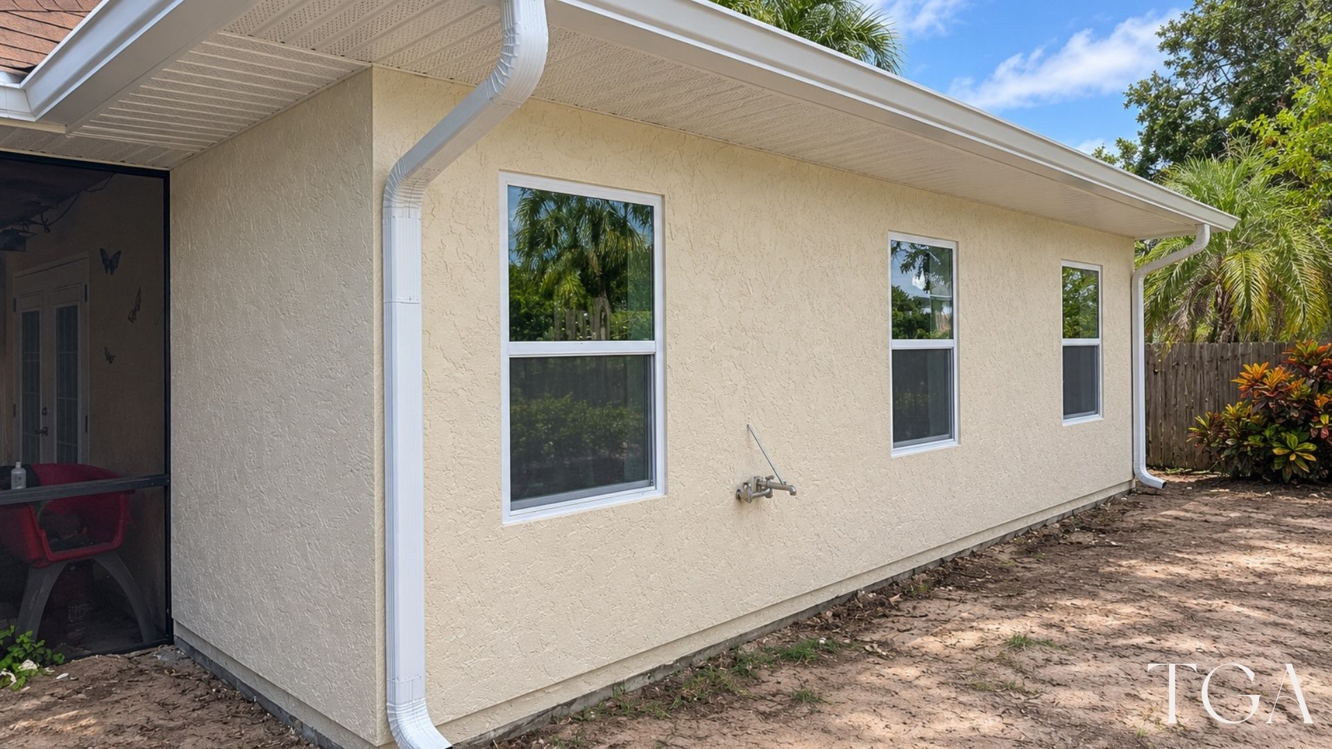 Completed addition exterior with light stucco walls, two windows and a white downspout