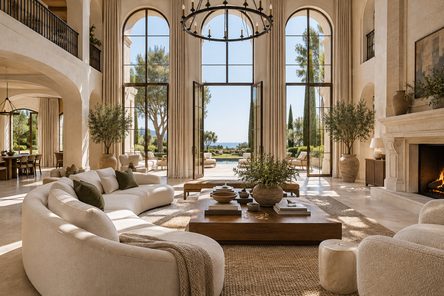 Double-height living room with arched windows and a limestone fireplace
