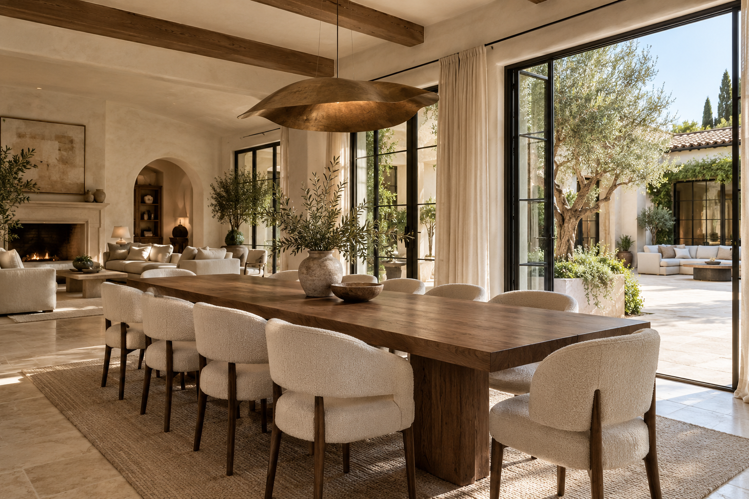Walnut dining table beside a lounge and landscaped courtyard