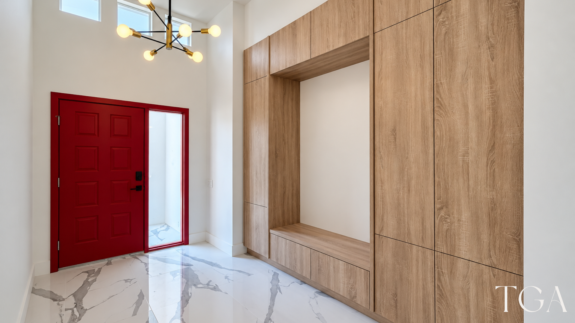 Entryway with wood-tone built-in storage and a recessed bench beside a red front door.