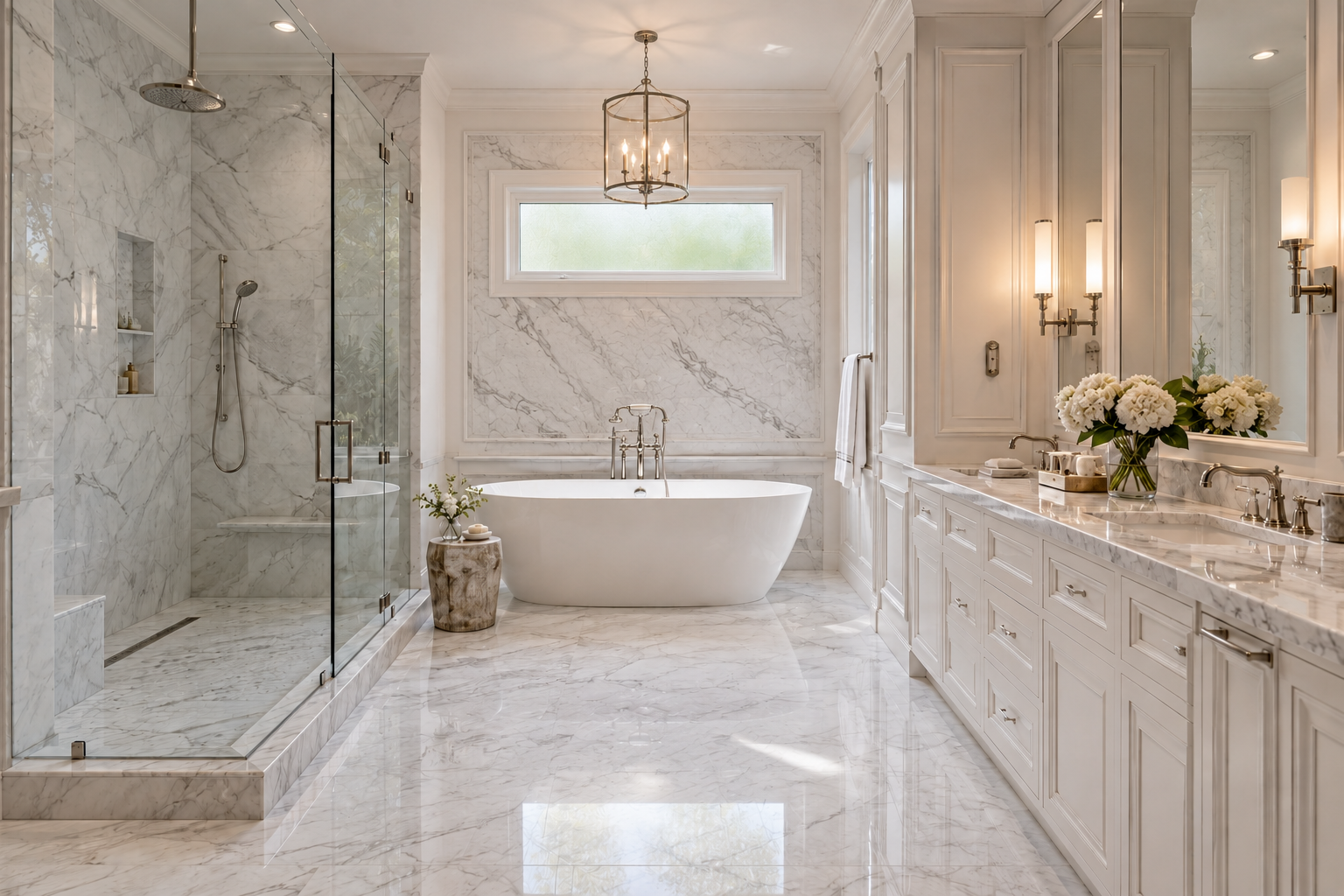 White marble bathroom with a freestanding tub and frosted privacy window