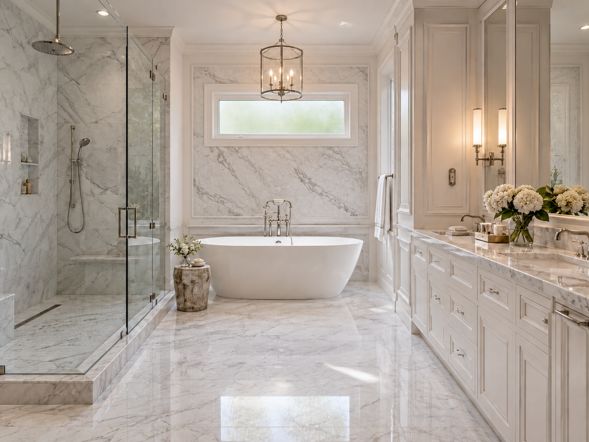 White marble bathroom with a freestanding tub and frosted privacy window