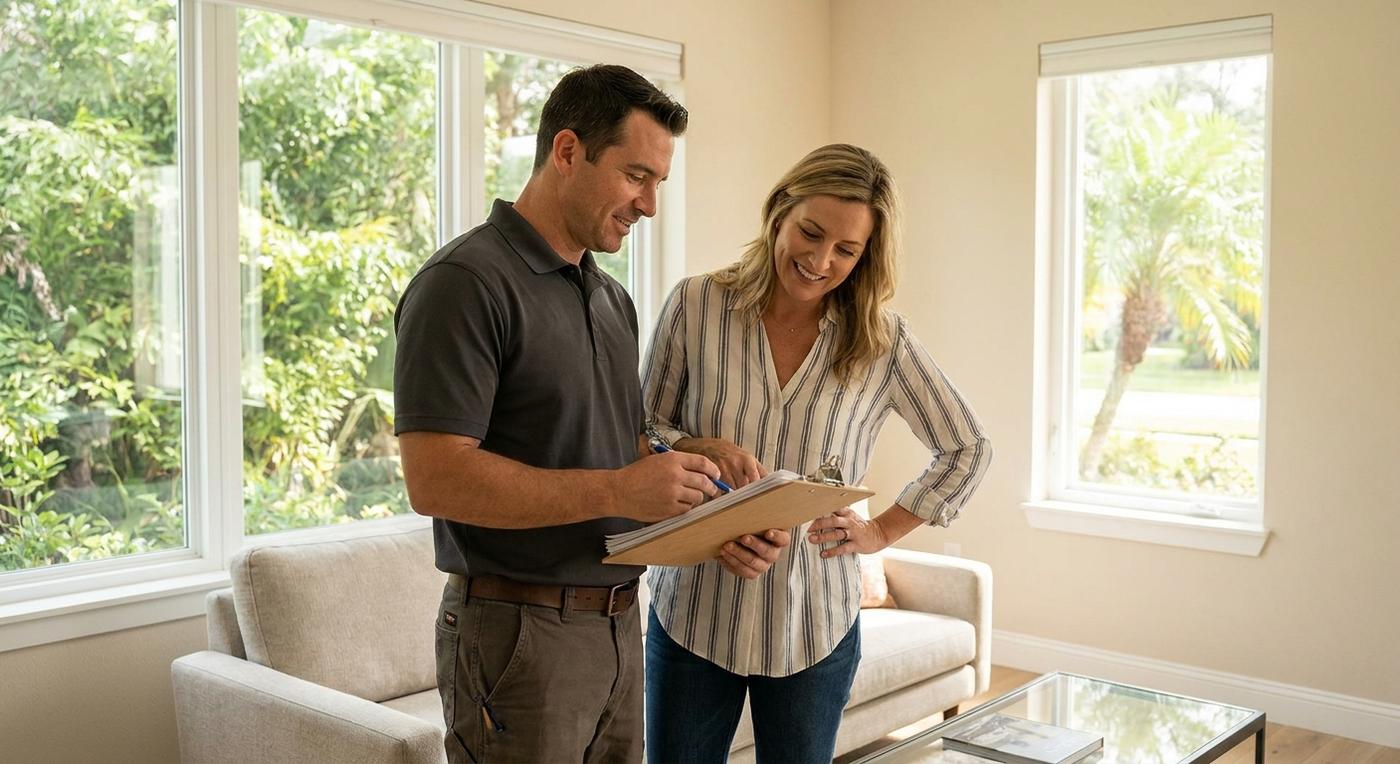 A licensed contractor reviewing permit paperwork with a homeowner in a Tampa home