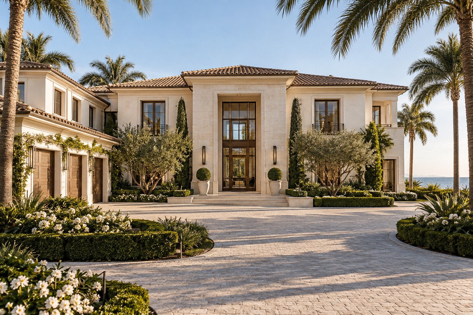 Limestone and stucco residence with landscaped arrival court