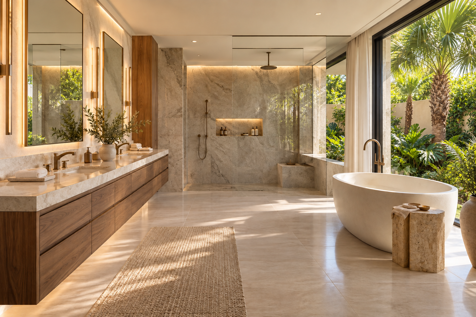 Walnut double vanity and stone shower beside a tropical garden