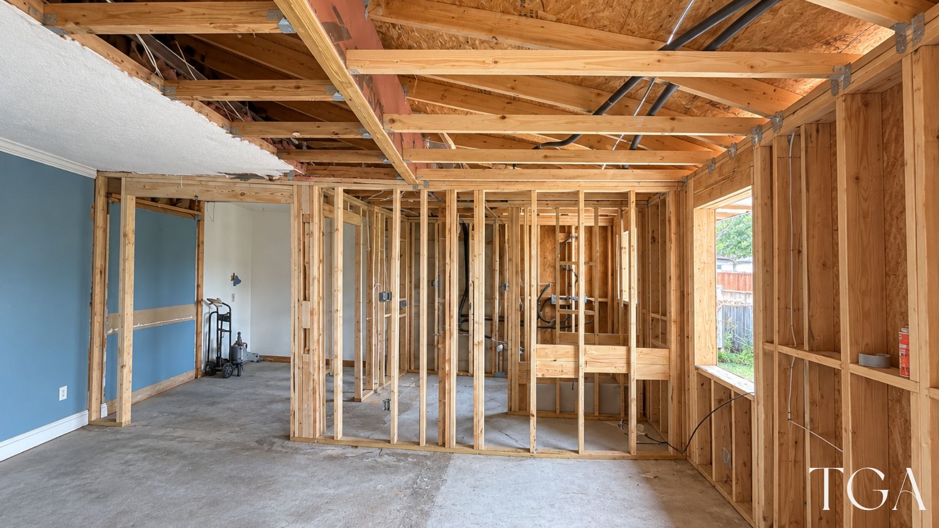 Interior construction view of the home addition showing overhead framing, wall studs and the connection to the existing room