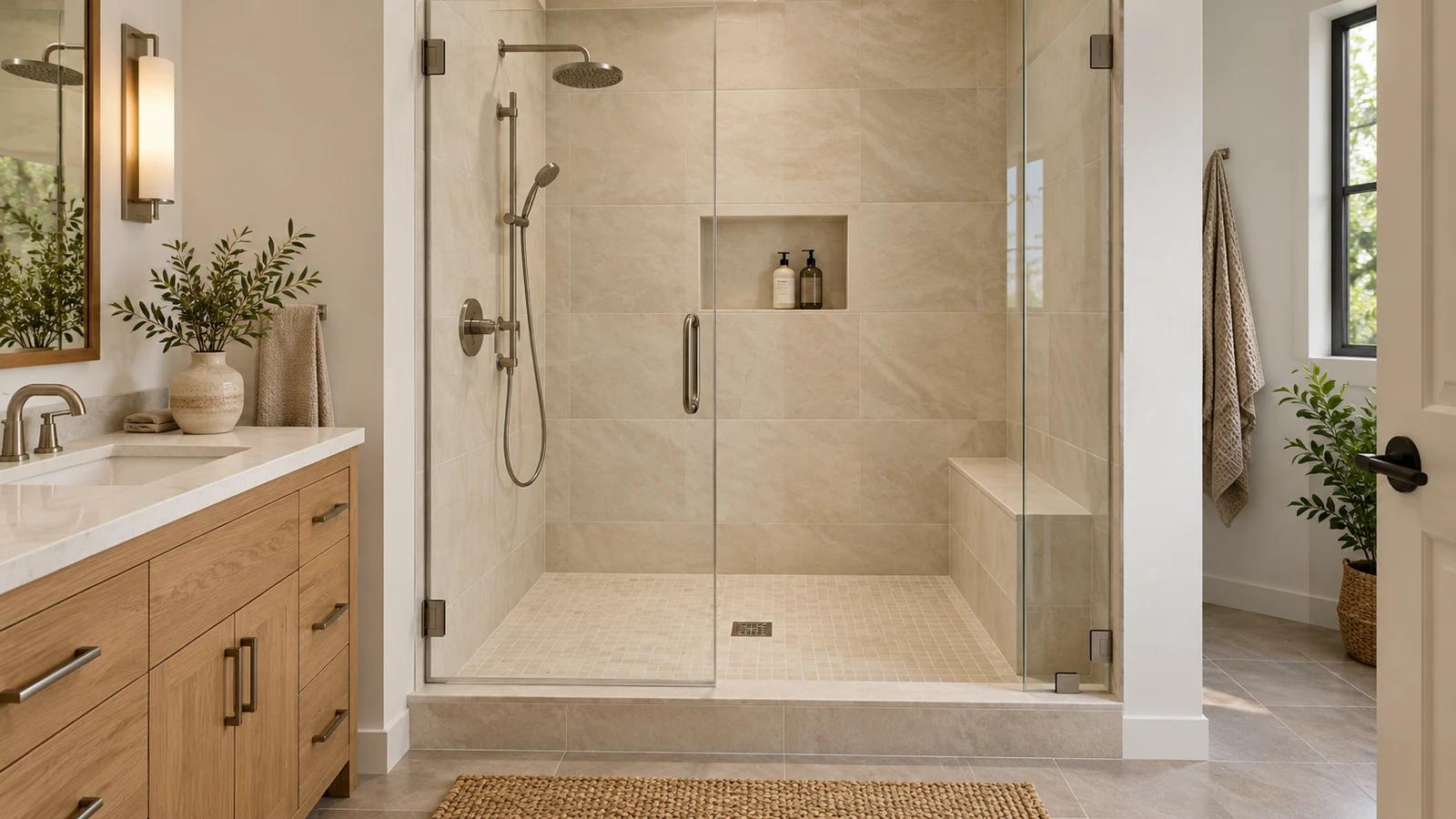 AI shower design concept with clear glass, a raised threshold, built-in bench, recessed niche and handheld shower.