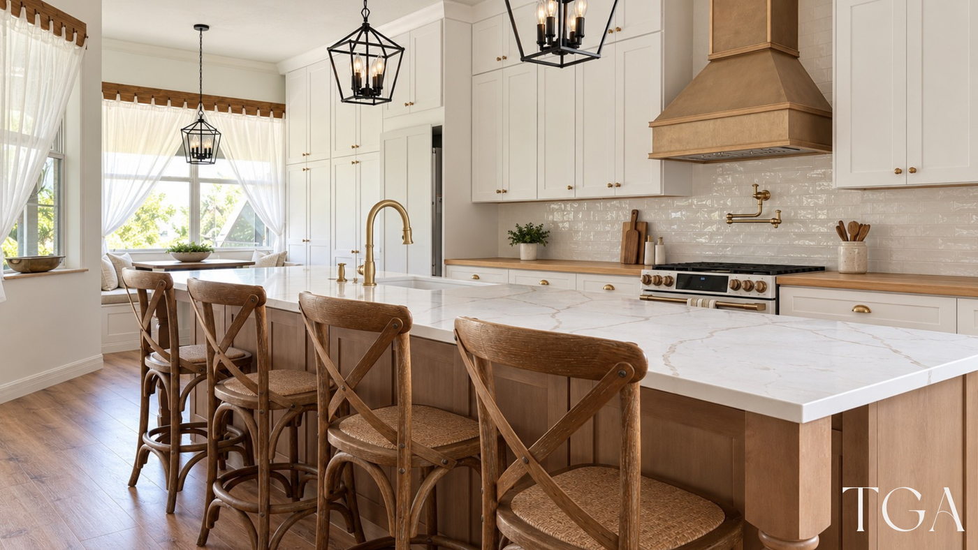 Completed TGA farmhouse kitchen in Sarasota with white Shaker cabinets and a wood-tone island with seating.
