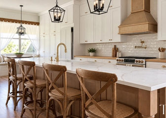 Wood-tone kitchen island with a white veined countertop and cross-back stools facing a gold-toned range hood.