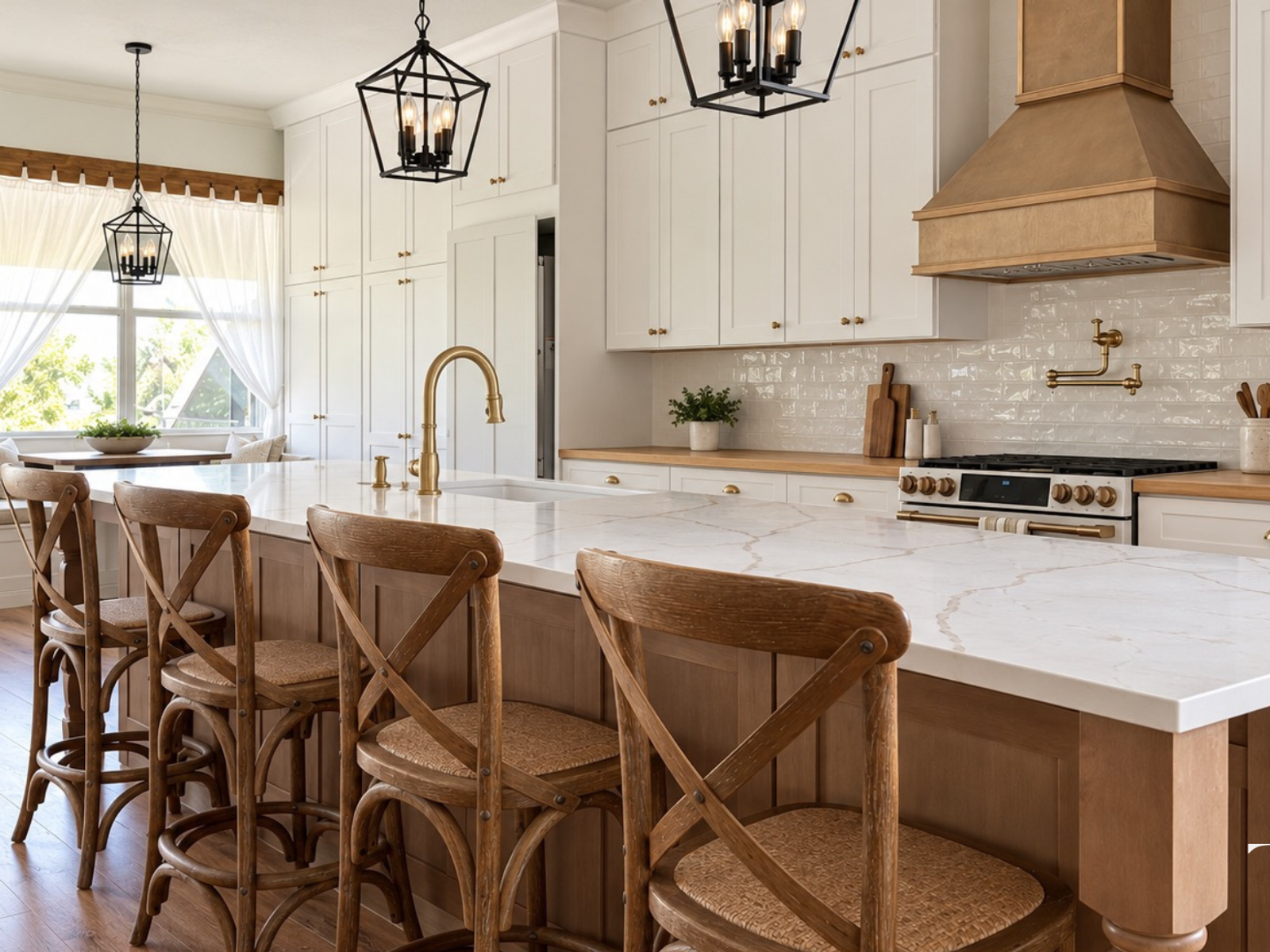 Wood-tone kitchen island with a white veined countertop and cross-back stools facing a gold-toned range hood.