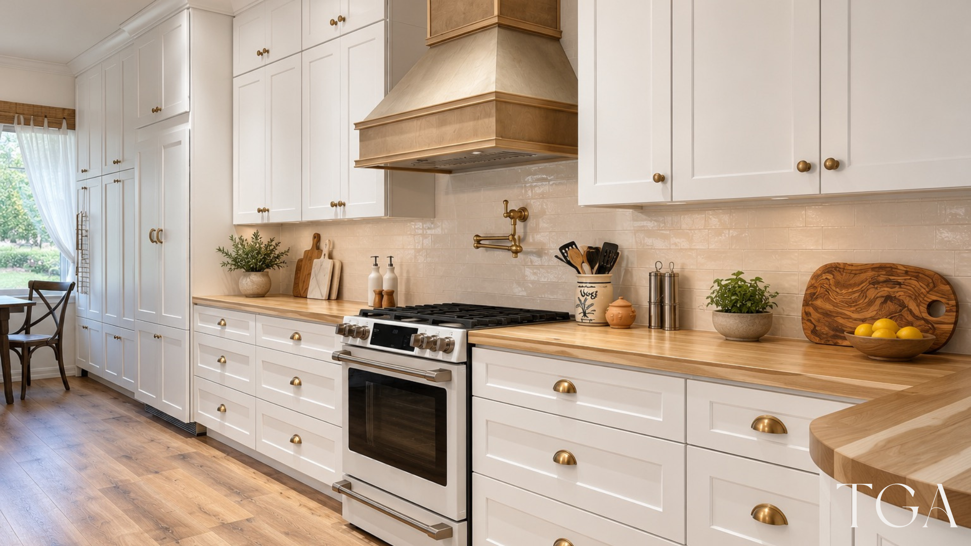 White Shaker cabinets with wood-tone counters, a textured white backsplash, a pot filler and a gold-toned range hood.