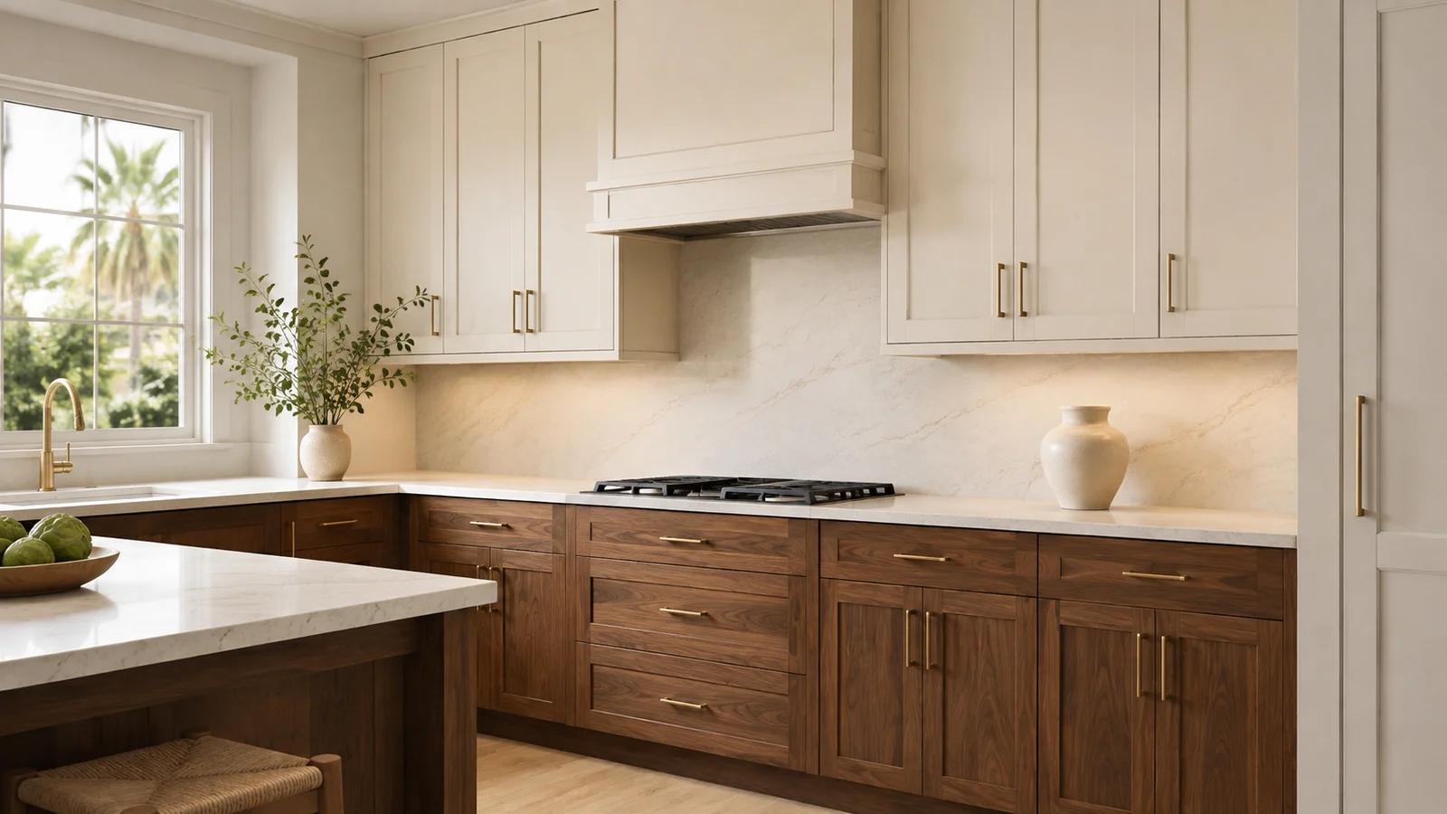 Kitchen design concept with warm ivory upper cabinets, wood-grain lower cabinets and brass-tone hardware.