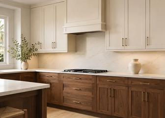 Kitchen design concept with warm ivory upper cabinets, wood-grain lower cabinets and brass-tone hardware.