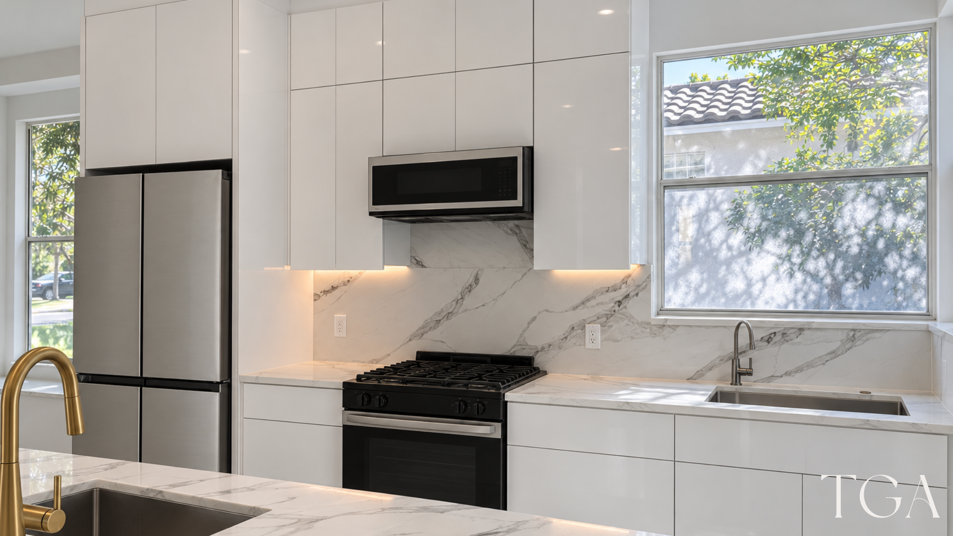 Glossy white kitchen cabinets, a veined backsplash and under-cabinet lighting around the range and window sink.
