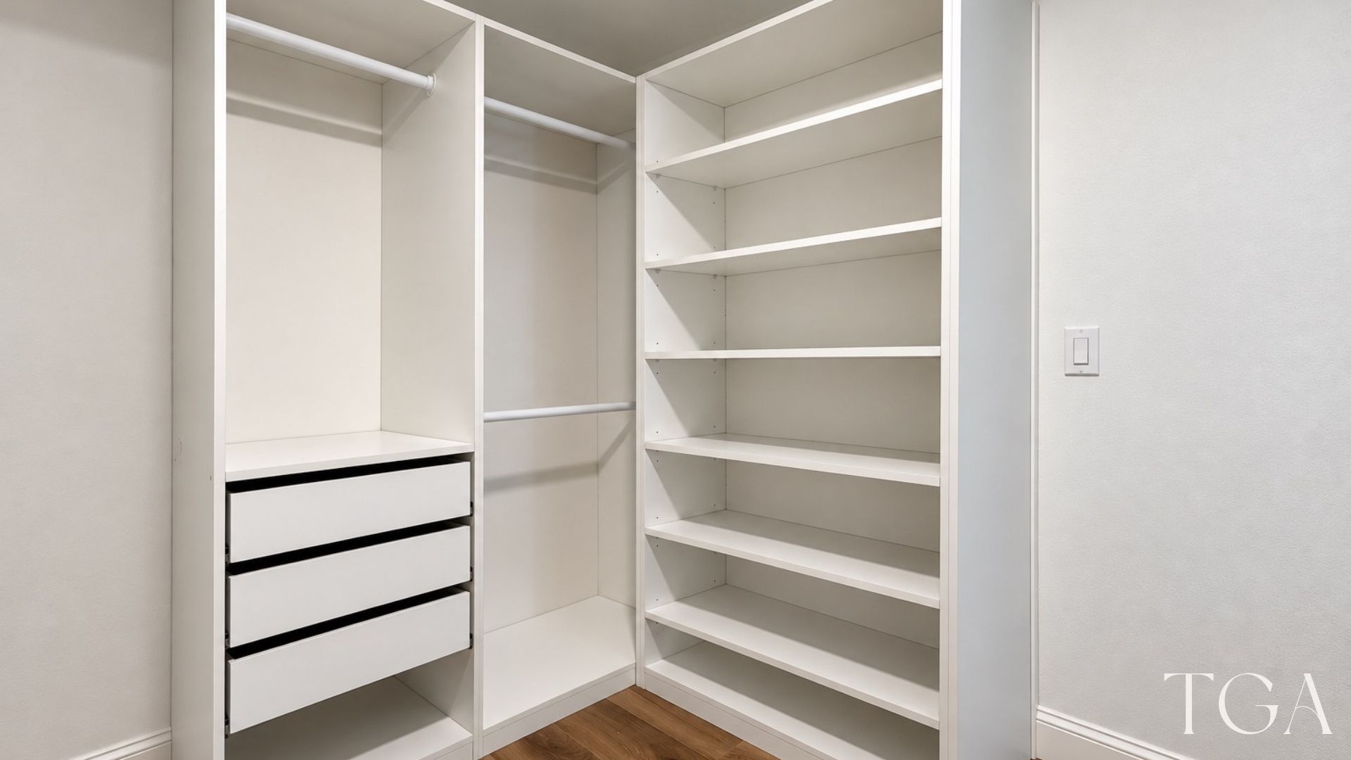 Custom closet corner with built-in white shelving, hanging space and drawers