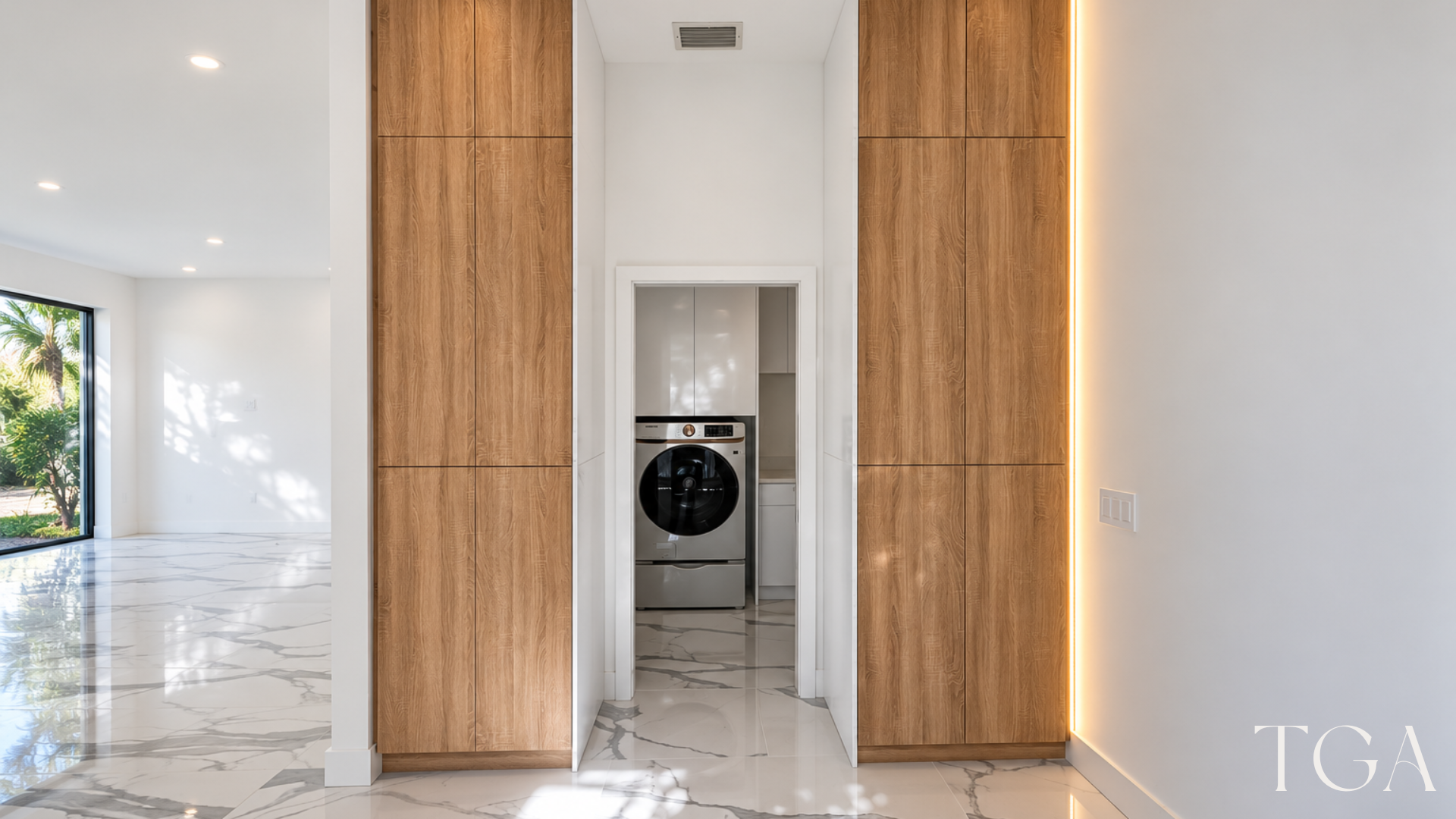 Tall wood-tone storage cabinets frame a passage to the laundry room beside white veined floor tile.