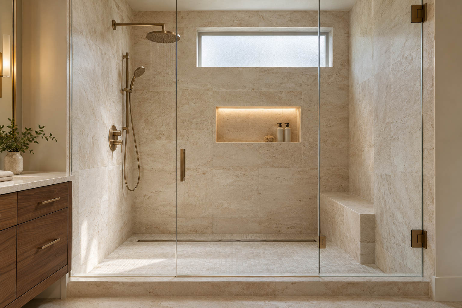 Ivory stone walk-in shower with frameless glass and brushed bronze fixtures