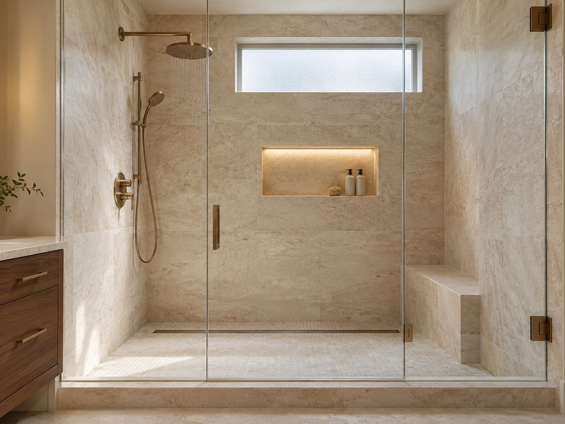 Ivory stone walk-in shower with frameless glass and brushed bronze fixtures