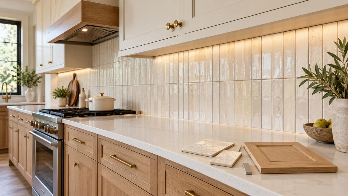 AI kitchen design concept with ivory vertical backsplash tile, cream cabinets, wood-tone lower cabinets and material samples.