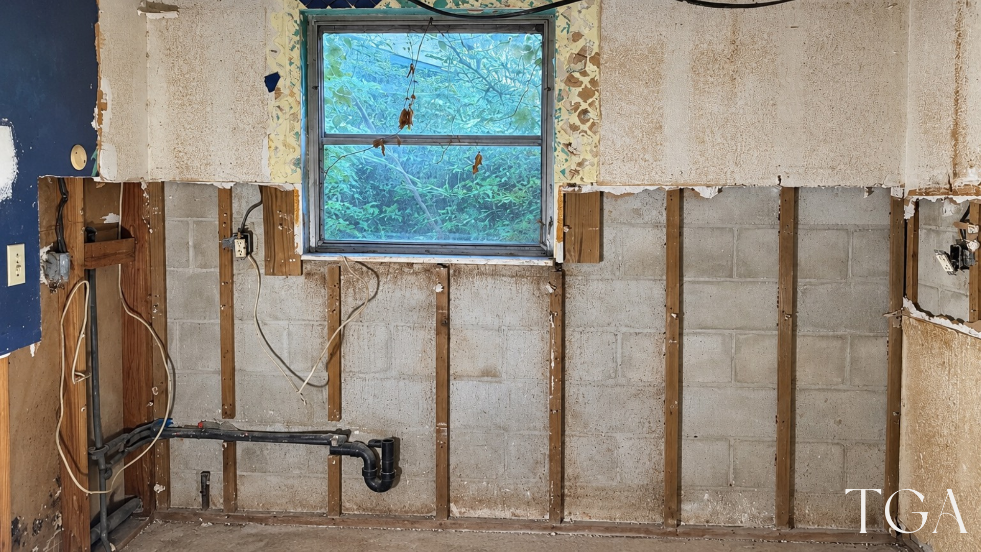 two-tone kitchen sink wall during construction with cabinets removed and plumbing visible beneath the window
