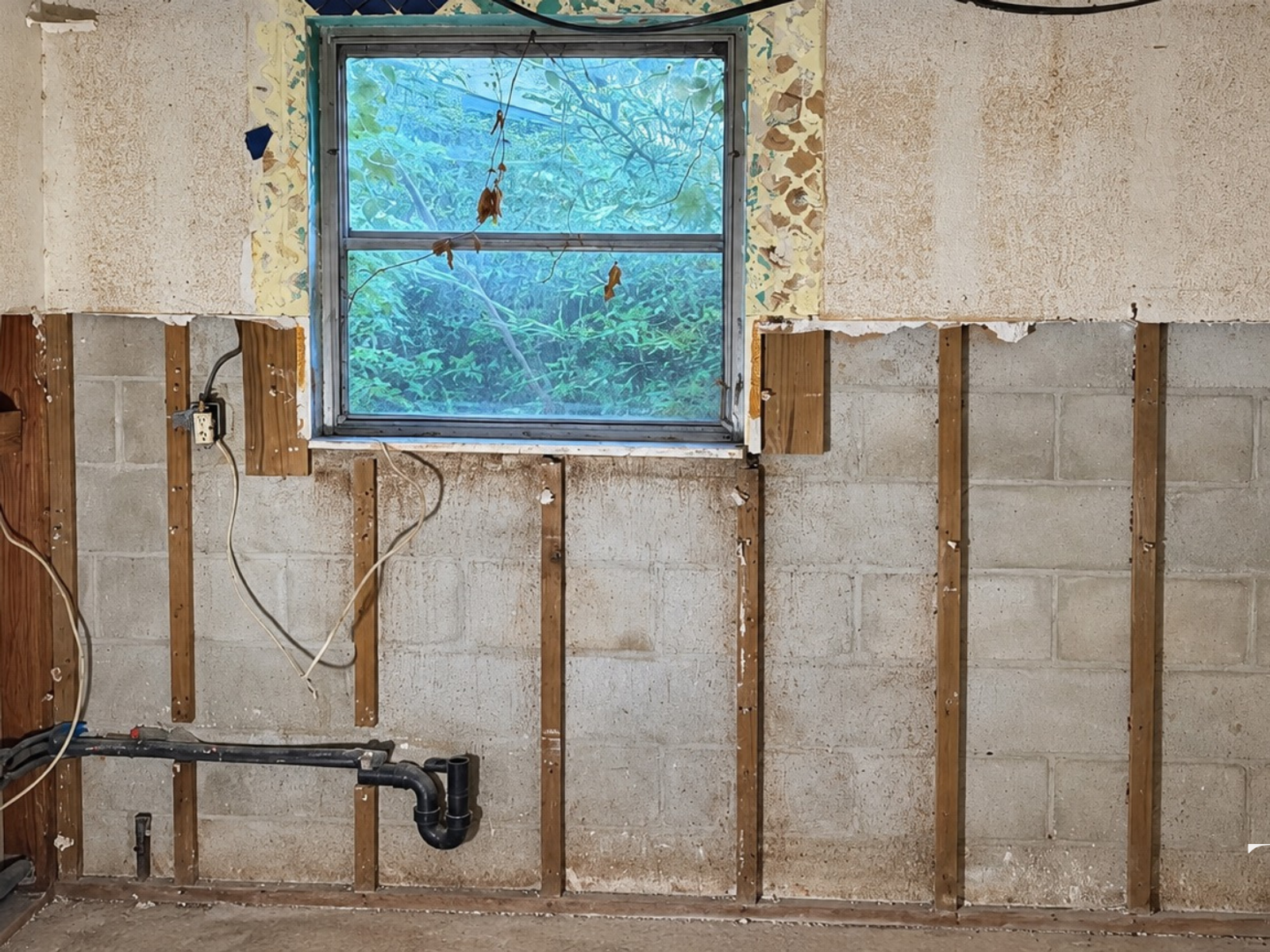 two-tone kitchen sink wall during construction with cabinets removed and plumbing visible beneath the window