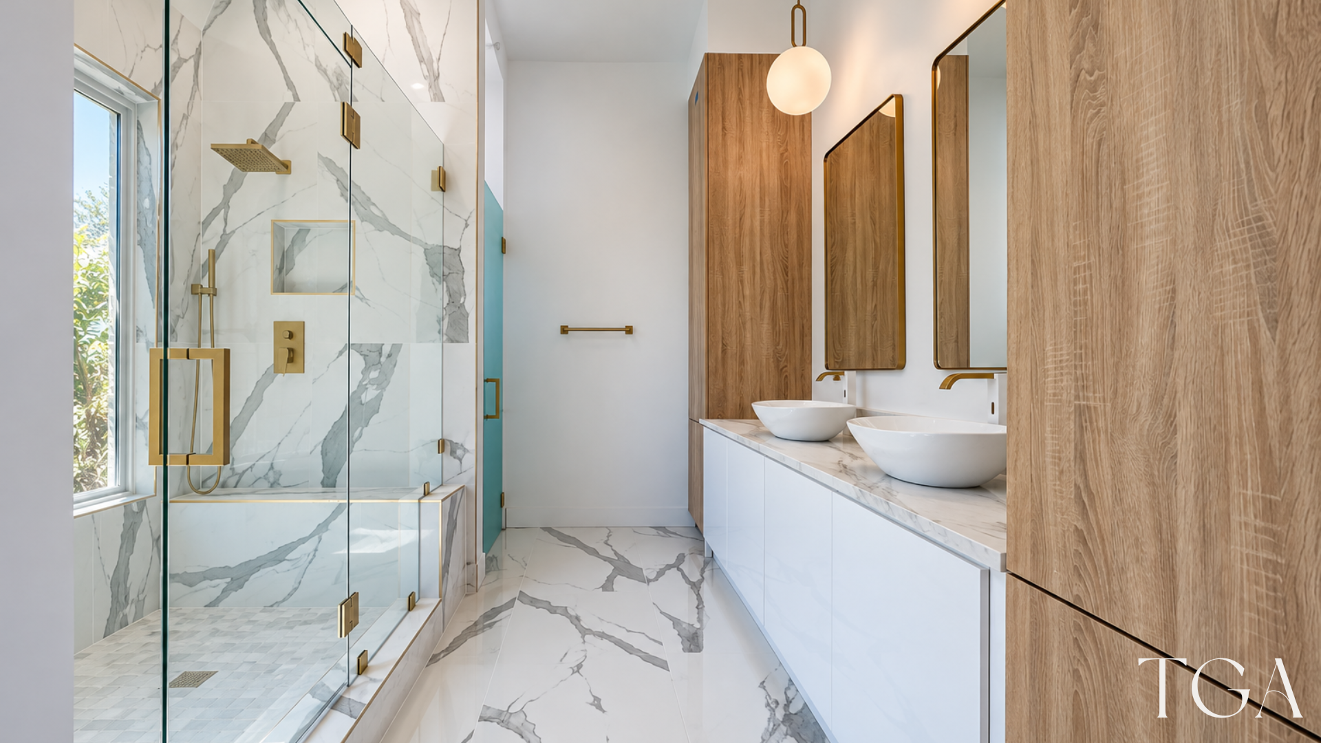 Primary bathroom with a double vessel-sink vanity, tall wood-tone cabinets and a glass-enclosed shower.