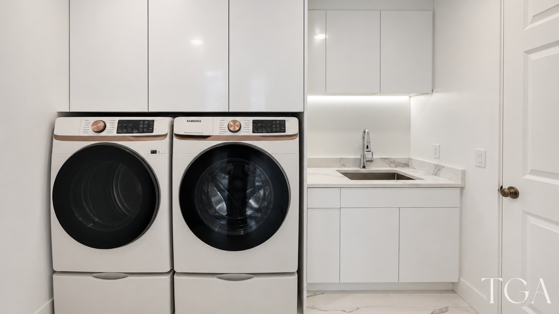 Laundry room with white cabinets above the washer and dryer, a sink and a veined countertop.
