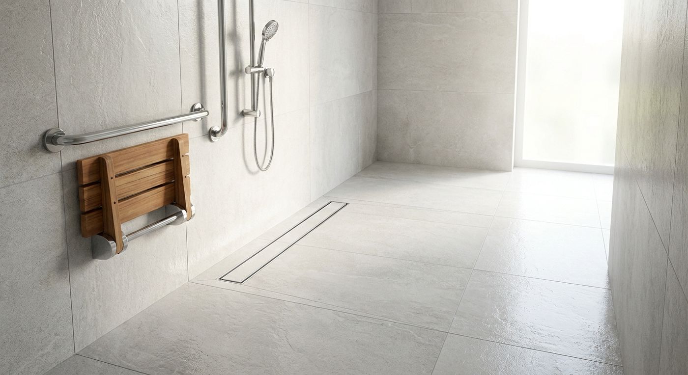 Curbless roll-in shower with a fold-down bench, grab bars, and a handheld wand in a bright Florida bathroom